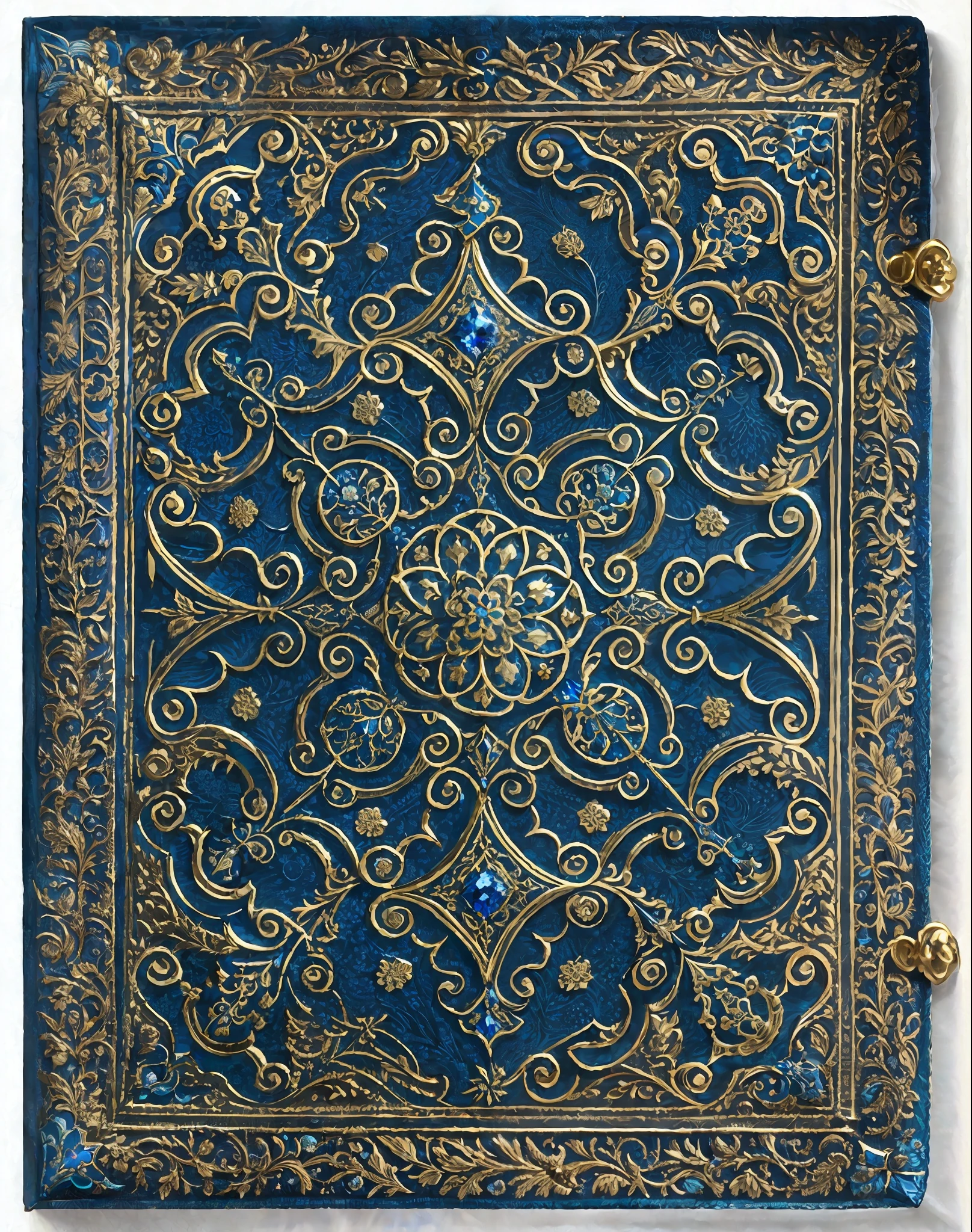 A blue book with gold ornamentation and decorative design, luxurious diary cover, beautifully gorgeous, ornately detailed, highly detailed and gorgeous, very gorgeous, decadent, highly gorgeous, highly detailed", fantastic. Intricate, filigree intricate details, very detailed", very detailed, delicate and meticulous, richly detailed color --auto --s2