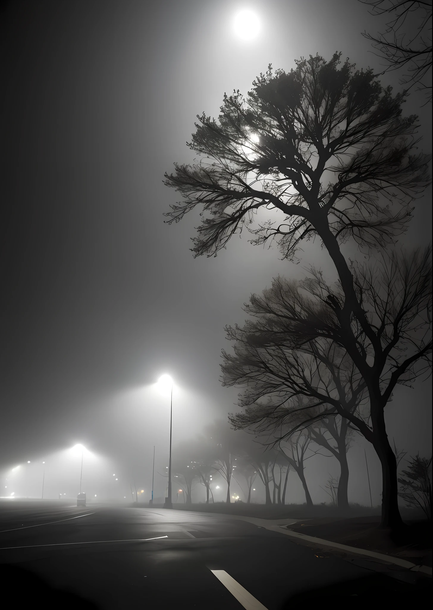 backroom, liminal space, uploaded artstation, by Jordan Grimmer , by Wadim Kashin , by Toshiharu Mizutani , by Alayna Lemmer , by Mark Keathley, Level-9,The Suburbs,outside,fog,suburbs,tree,street lamp,shadow,night,car,dark,black and white monochrome,BREAK, , (photorealistic), [sharp focus], (HDR), (8k), (gigapixel), (masterpiece)