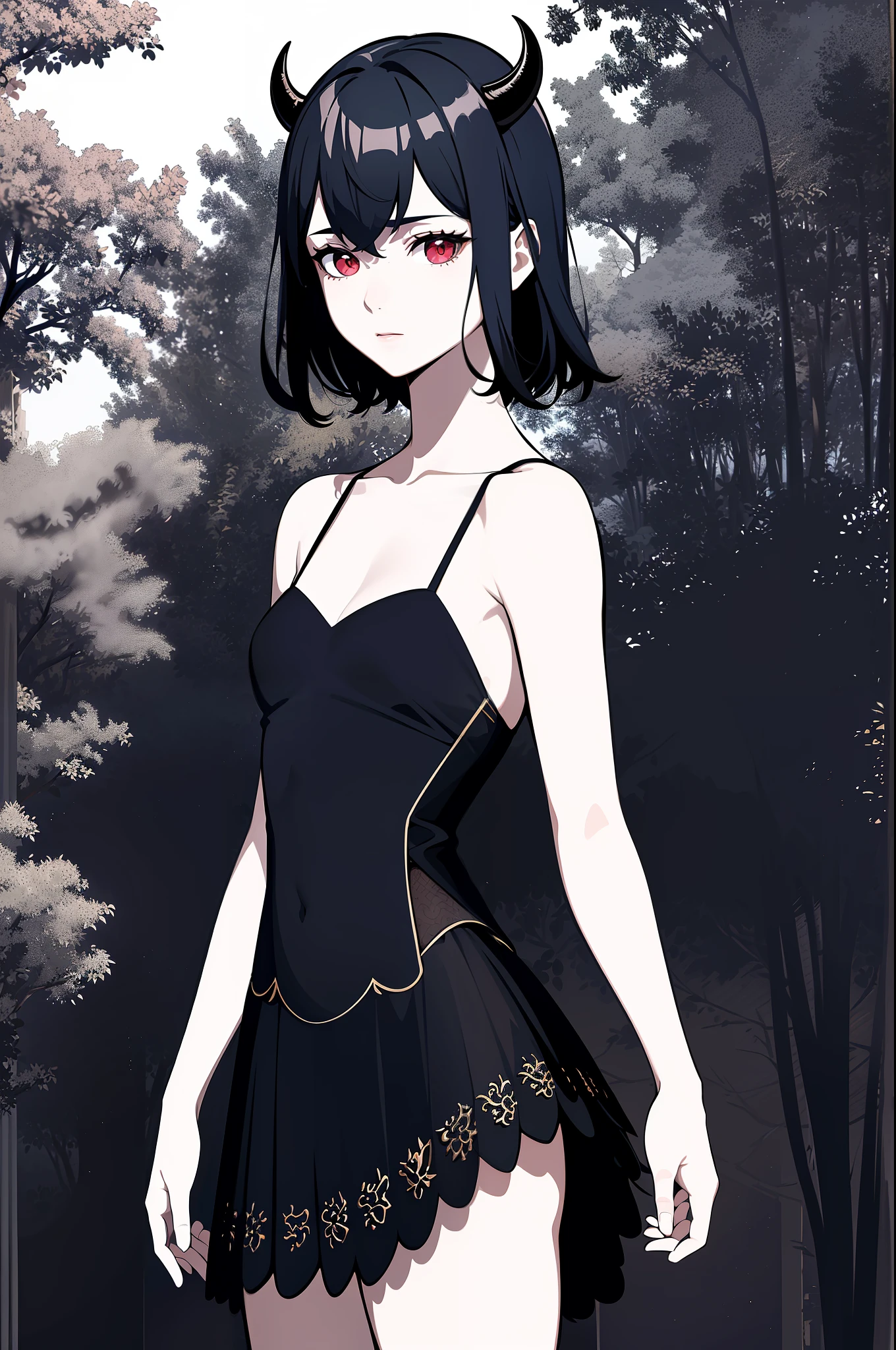 ultra realistic 8k cg, masterpiece, ((ultra detailed background, delicate pattern, intricate detail)), (highly detailed, fine details), best quality, 1girl, (photorealistic:1.4),beautiful lighting,  absurdres, RAW photo, film grain, ((medium breasts, slim girl)), Baccarat, Nero, 1girl, short hair, solo, horns, black hair, red eyes, dress, black dress, collarbone, closed mouth, bare shoulders, (demon horns), hair between eyes, cleavage, (complex detailed background, outside, nature environment, trees, sunny, blue sky, sky, cowboy shot, small breasts, slim girl),