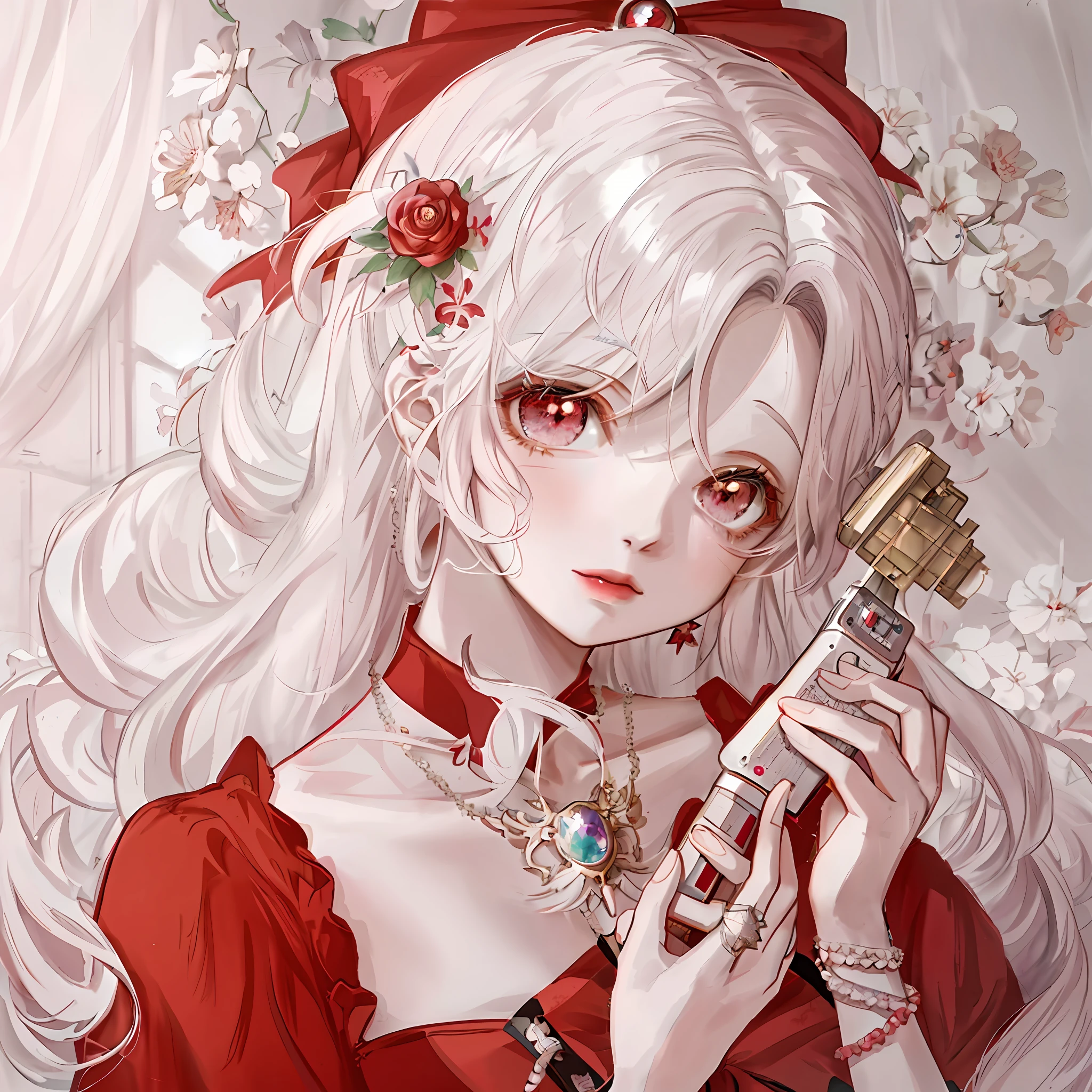 anime girl with white hair and red dress holding a cell phone, portrait of magical girl, beautiful anime portrait, detailed portrait of anime girl, beautiful anime style, beautiful anime art style, anime illustration, anime in fantasy style, portrait of an anime girl, high quality anime artstyle, in the art style of bowater, detailed digital anime art, clean detailed anime art