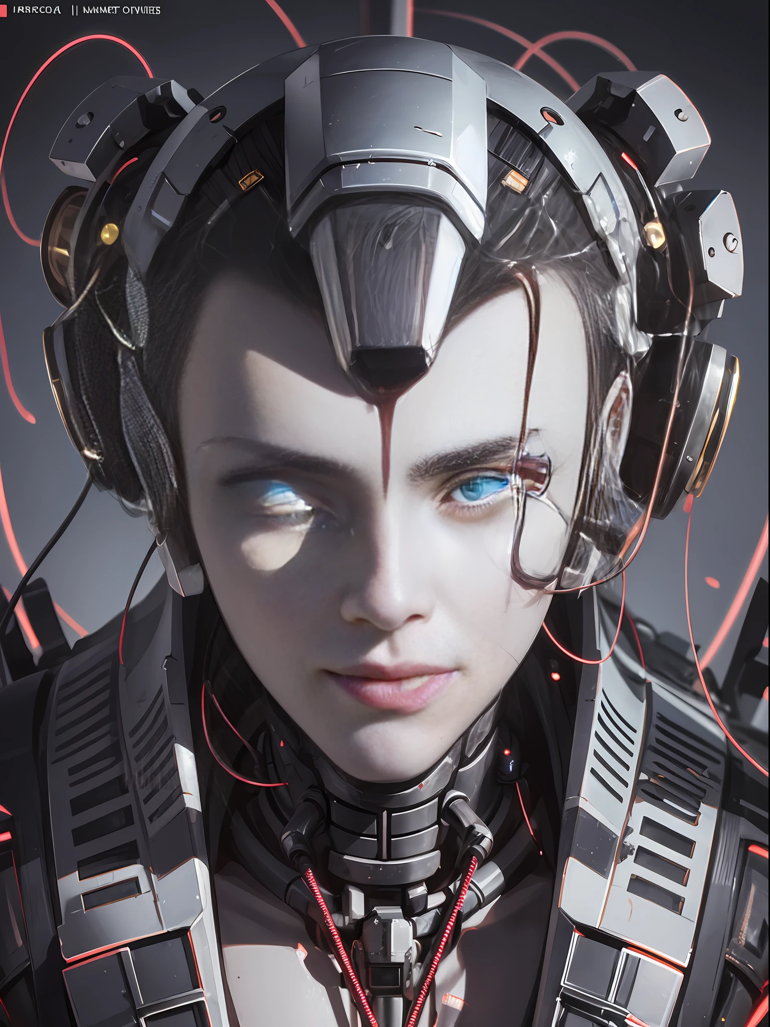 1 mechanical dude, ((super realistic details)), portrait, global illumination, shadows, octane rendering, 8k, super sharp, metallic, complex, ornament detailed, cool colors, Egyptian details, highly complex details, realistic light, CGsociety trends, glowing eyes, facing camera, neon details, mechanical limbs, blood vessels attached to tubes, mechanical vertebrae attached to the back, mechanical cervical vertebrae attached to the neck, sitting, wires and cables attached to the head, complex lightsaber --auto --s2