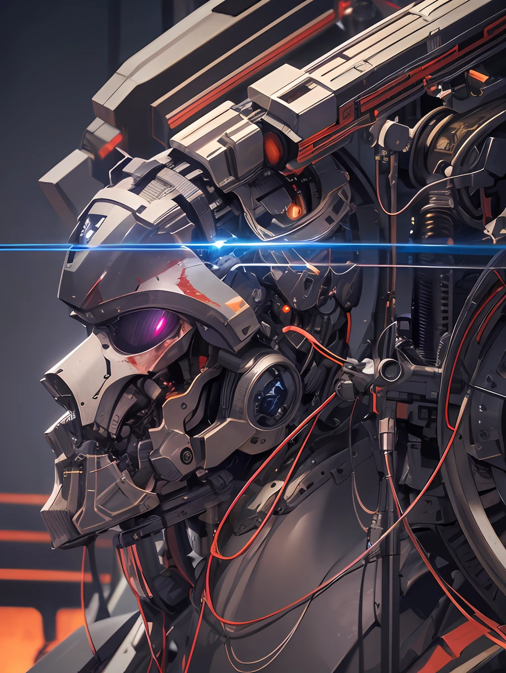 1 mechanical dude, ((super realistic details)), portrait, global illumination, shadows, octane rendering, 8k, super sharp, metallic, complex, ornament detailed, cool colors, Egyptian details, highly complex details, realistic light, CGsociety trends, glowing eyes, facing camera, neon details, mechanical limbs, blood vessels attached to tubes, mechanical vertebrae attached to the back, mechanical cervical vertebrae attached to the neck, sitting, wires and cables attached to the head, complex lightsaber --auto --s2
