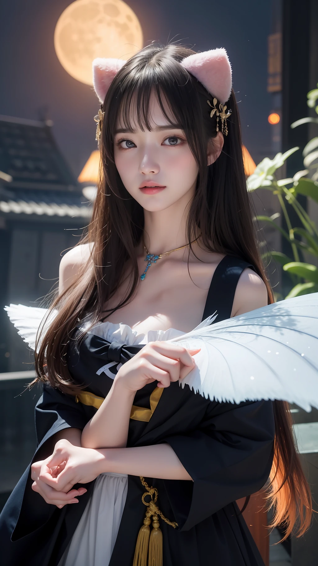 (8k, RAW photo:1.2), best quality, ultra high res,dramatic angle,(fluttered detailed color splashs), (illustration),(((1 girl))),(long hair),(rain:0.9), (头饰:1.4),少女身边有一座古宫,汉服,(重点),彩色水墨画,(泼彩),泼彩,(((colorful))),(素描:0.8) , Masterpiece, best quality, beautiful painted, highly detailed,(denoising:0.6),[splash ink],((ink refraction)), (beautiful detailed sky),moon,highly,detaild,(masterpiece, best quality, extremely detailed） CG unity 8k壁纸，杰作，最好的质量，超详细），（石蒜），