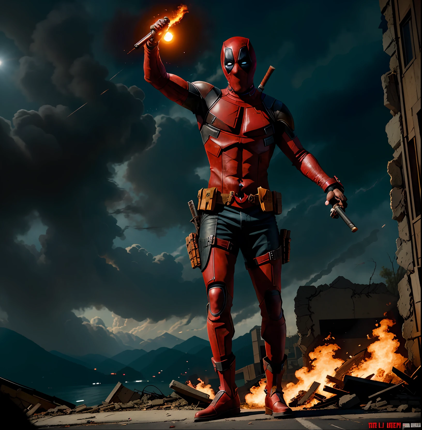 Deadpool, wreaking havoc with its incredible power, triumphant grin, clenched hands, gritted teeth, streets, destruction, ruins, night, apocalypse, intricate details, masterpiece, absurdity, best quality, realistic, highest quality, (diffused soft light), dramatic lighting, highly detailed photography