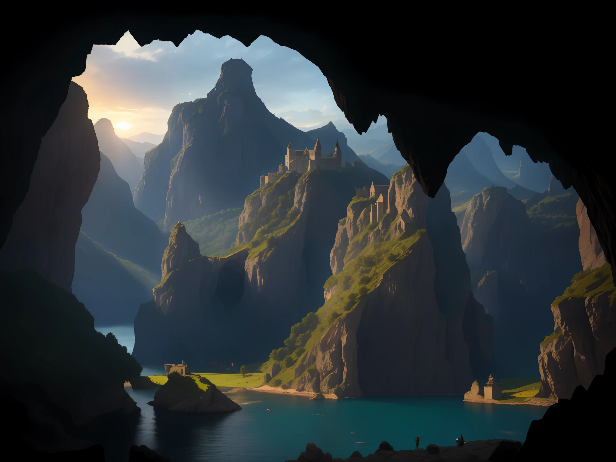 Cave, the castle on the rock, BIES at the entrance, the view from behind, the heroes are in capes. ((With swords)) Sunset, forest path downstream, dark fantasy, ((HEROIC)), ((SEXY))