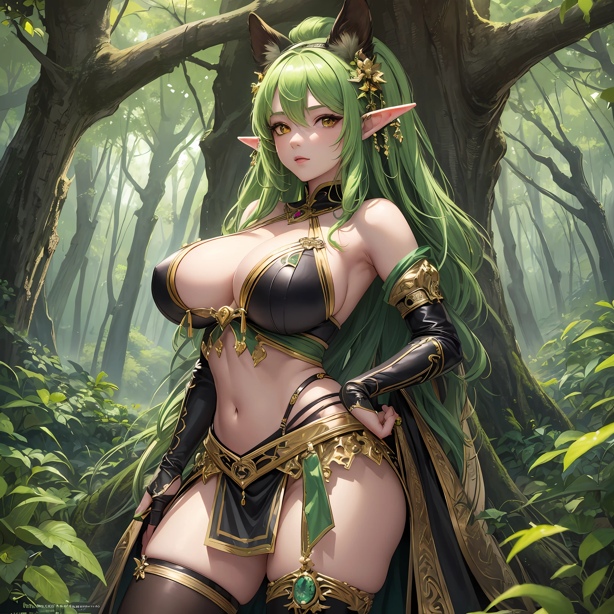masterpiece, best quality, high_resolution, finely detailed, extremely detailed and beautiful, distinct_image, 1 girl, solo, underneath, green hair, yellow eyes, elf ears, (huge breasts), (underboob), primitivas clothes made of leather, part of sample breasts, outdoors, plants, trees, arms behind back --auto --s2