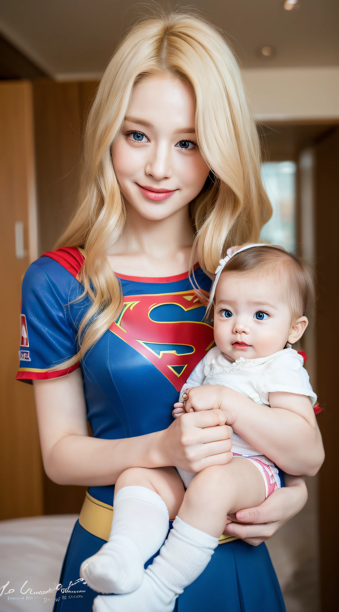 ((Best quality, 8k, Masterpiece :1.3)), supergirl with her : 1.3, full body, (long blonde hair, ultra-delicate american woman face) delicate eyes, double eyelids, smile, home