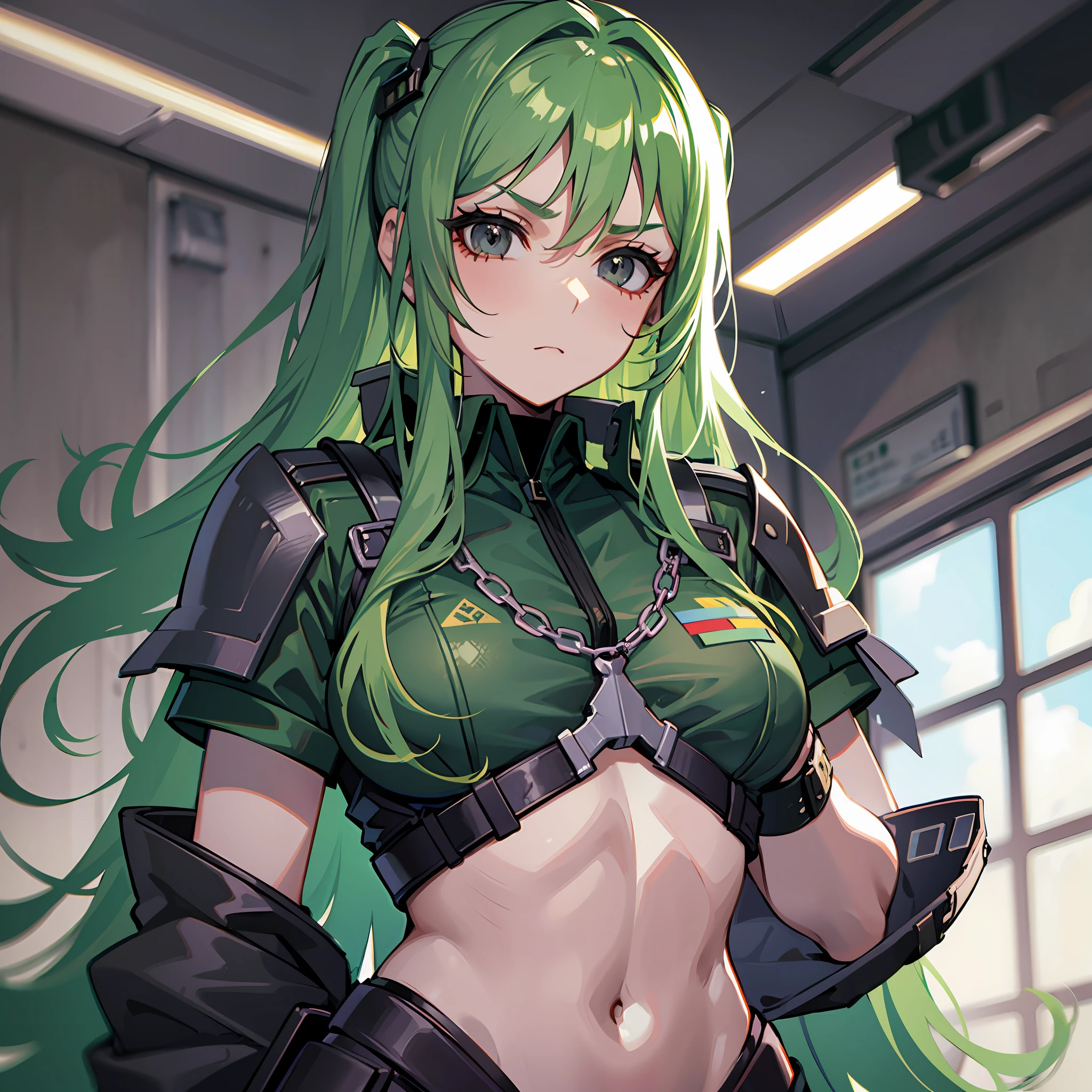 Woman, mysterious, green hair, black eyes, dark look, adult, military army suit, inside a school, serious look, athletic body, perfect body, long hair