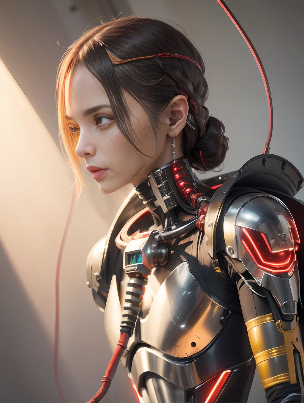 1 mechanical dude, ((super realistic details)), portrait, global illumination, shadows, octane rendering, 8k, super sharp, metallic, complex, ornament detailed, cool colors, Egyptian details, highly complex details, realistic light, CGsociety trends, glowing eyes, facing camera, neon details, mechanical limbs, blood vessels attached to tubes, mechanical vertebrae attached to the back, mechanical cervical vertebrae attached to the neck, sitting, wires and cables attached to the head, complex lightsaber --auto --s2