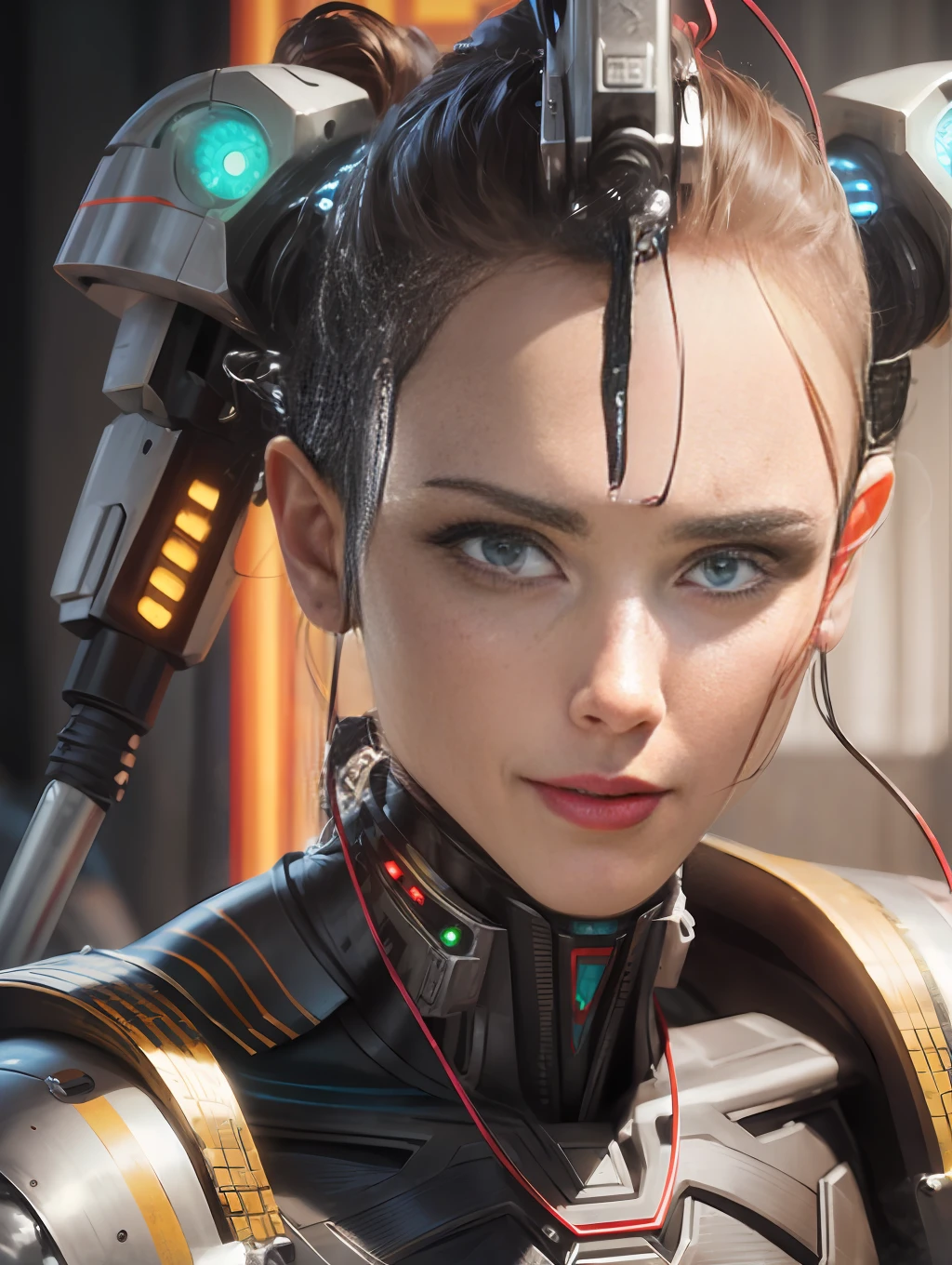 1 mechanical dude, ((super realistic details)), portrait, global illumination, shadows, octane rendering, 8k, super sharp, metallic, complex, ornament detailed, cool colors, Egyptian details, highly complex details, realistic light, CGsociety trends, glowing eyes, facing camera, neon details, mechanical limbs, blood vessels attached to tubes, mechanical vertebrae attached to the back, mechanical cervical vertebrae attached to the neck, sitting, wires and cables attached to the head, complex lightsaber --auto --s2