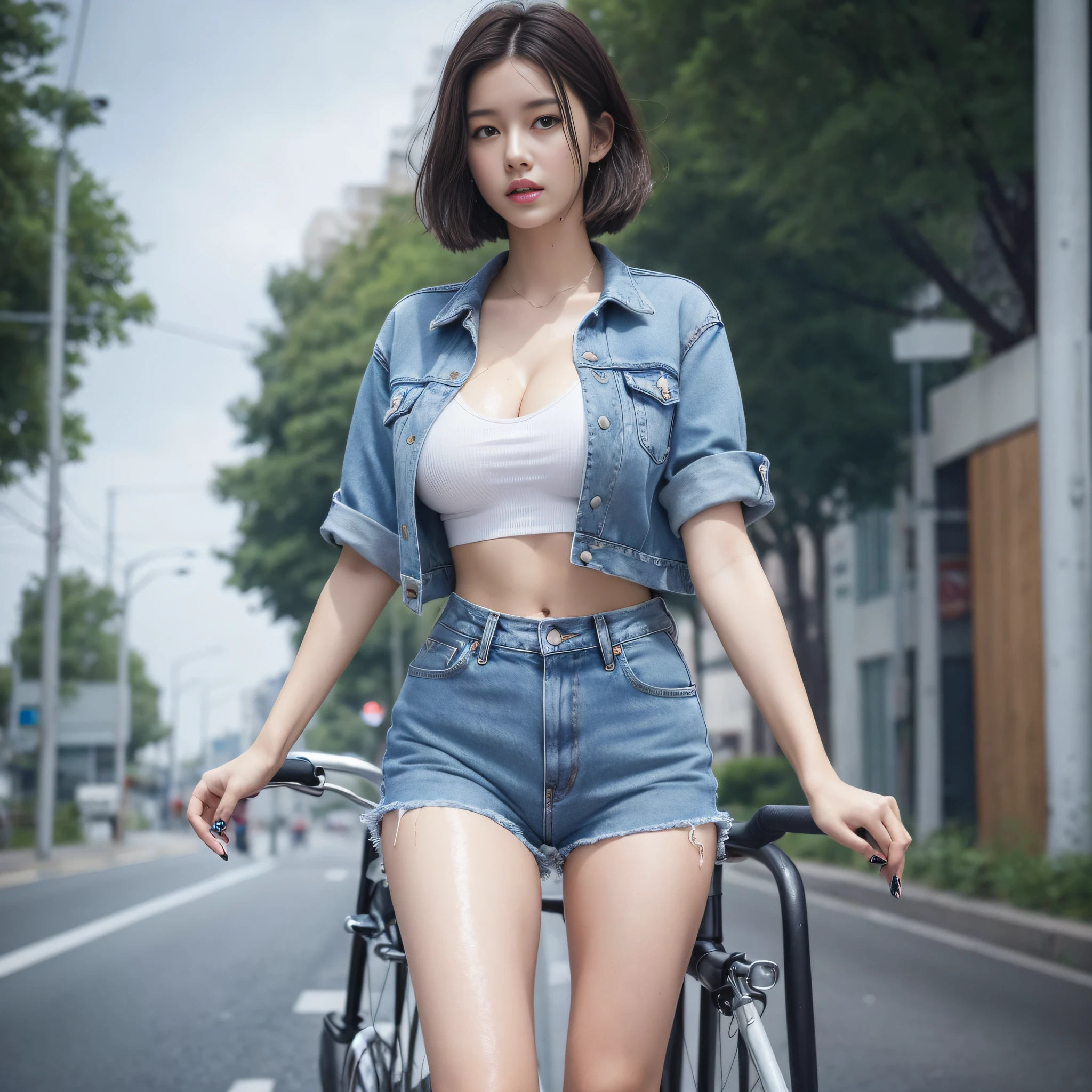 Oversized breasted girl, wearing denim underwear, 180cm tall, white platform sneakers, riding a bicycle on the road,,, clothes are soaked, super fine eyes, super fine breasts