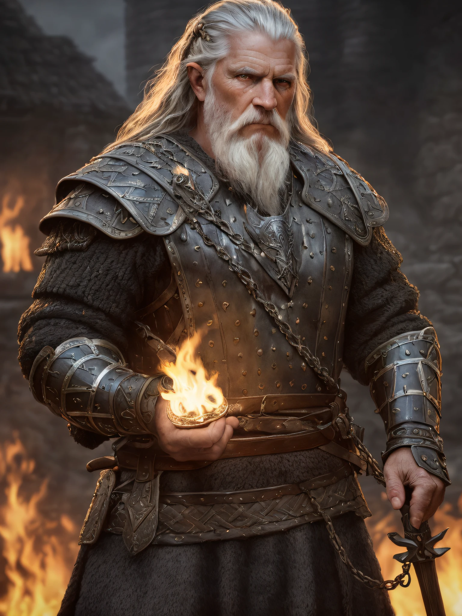 (Highest quality:1.3), cinematic shot, masterpiece, (sharp focus:1.5), (photorealistic:1.3),  medium portrait of (a weary-looking but still proud and fierce-looking old Viking warrior, now the leader of his village, dressed in elaborately detailed chain mail and leather armour, a few torches burn on the walls, giving the scene a dark atmosphere but sculpting the forms in sharp chiaroscuro), it is night time, (highly detailed skin),  (detailed face), detailed background, dark lighting, twilight lighting, volumetric lighting,  intricate details, UHD,