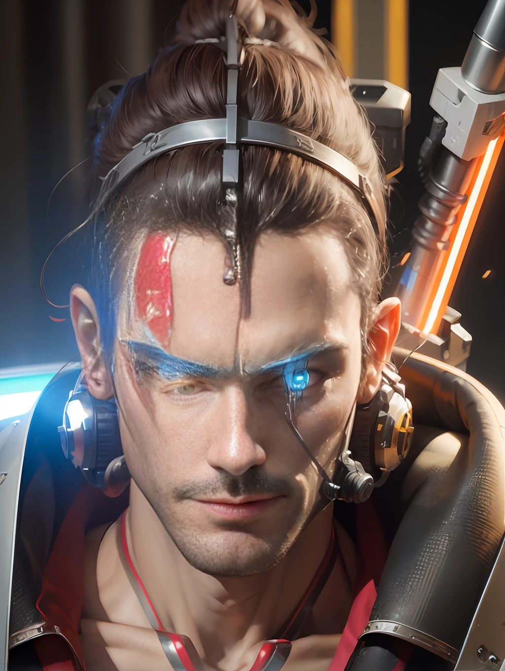 1 mechanical dude, ((super realistic details)), portrait, global illumination, shadows, octane rendering, 8k, super sharp, metallic, complex, ornament detailed, cool colors, Egyptian details, highly complex details, realistic light, CGsociety trends, glowing eyes, facing camera, neon details, mechanical limbs, blood vessels attached to tubes, mechanical vertebrae attached to the back, mechanical cervical vertebrae attached to the neck, sitting, wires and cables attached to the head, complex lightsaber --auto --s2