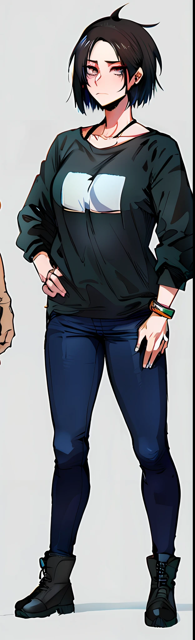 anime character of a woman with a black shirt and blue jeans, heavy gesture style closeup, full body details, wearing casual clothes, style anime, anime style hyper detailed, anime style character, striking detailed artstyle, realistic artstyle, clean detailed anime style, modern anime style, character art closeup, wearing casual clothing, casually dressed, hand on hips, !!highly detailed!!