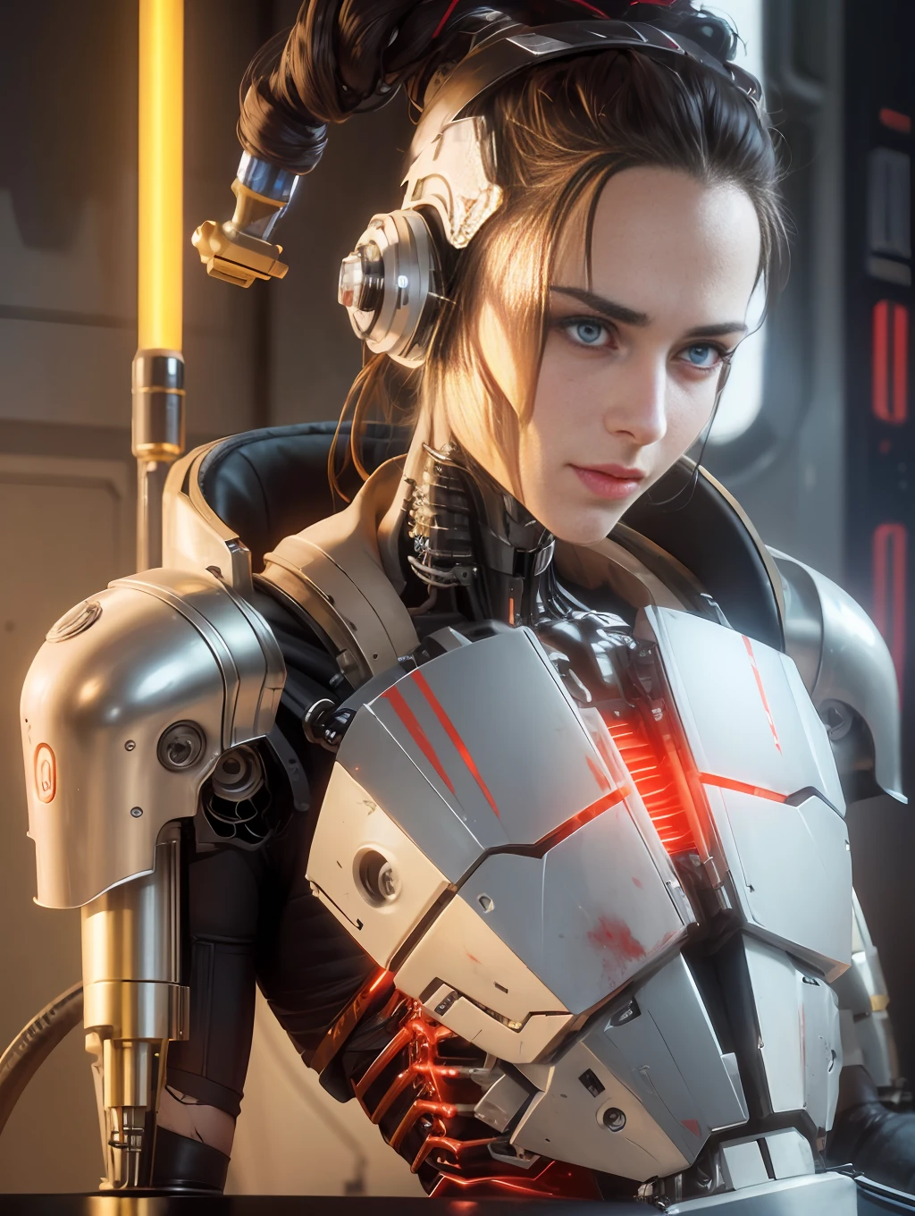 1 mechanical dude, ((super realistic details)), portrait, global illumination, shadows, octane rendering, 8k, super sharp, metallic, complex, ornament detailed, cool colors, Egyptian details, highly complex details, realistic light, CGsociety trends, glowing eyes, facing camera, neon details, mechanical limbs, blood vessels attached to tubes, mechanical vertebrae attached to the back, mechanical cervical vertebrae attached to the neck, sitting, wires and cables attached to the head, complex lightsaber --auto --s2