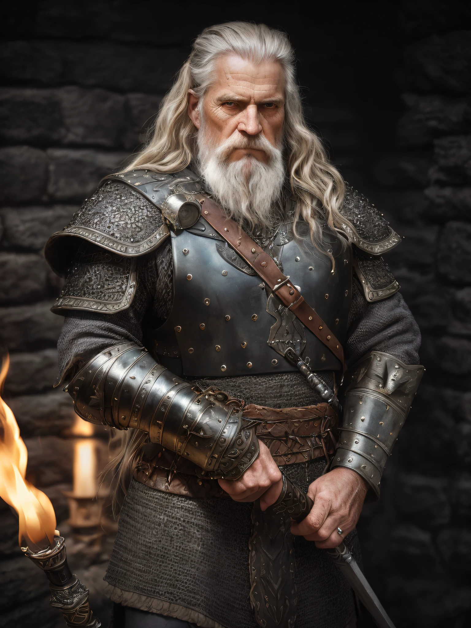 (Highest quality:1.3), cinematic shot, masterpiece, (sharp focus:1.5), (photorealistic:1.3), medium portrait of (a weary-looking but still proud and fierce-looking old Viking warrior, now the leader of his village, dressed in elaborately detailed chain mail and leather armour, a few torches burn on the walls, giving the scene a dark atmosphere but sculpting the forms in sharp chiaroscuro), it is night time, (highly detailed skin), (detailed face), detailed background, dark lighting, twilight lighting, volumetric lighting, intricate details, UHD,