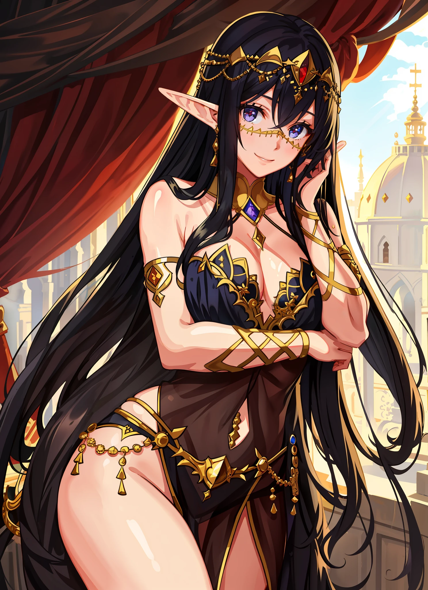 1girl,harem outfit,(face veil),portrait,detailed face,masterpiece, high quality,light particle,sunlight, looking at viewer,(masterpiece:1.2),(best quality:1.2),realistic,detailed background,nsfw,smile,see-through, honey,water,wet clothes,flower,elf,veil,armpits,nsfw