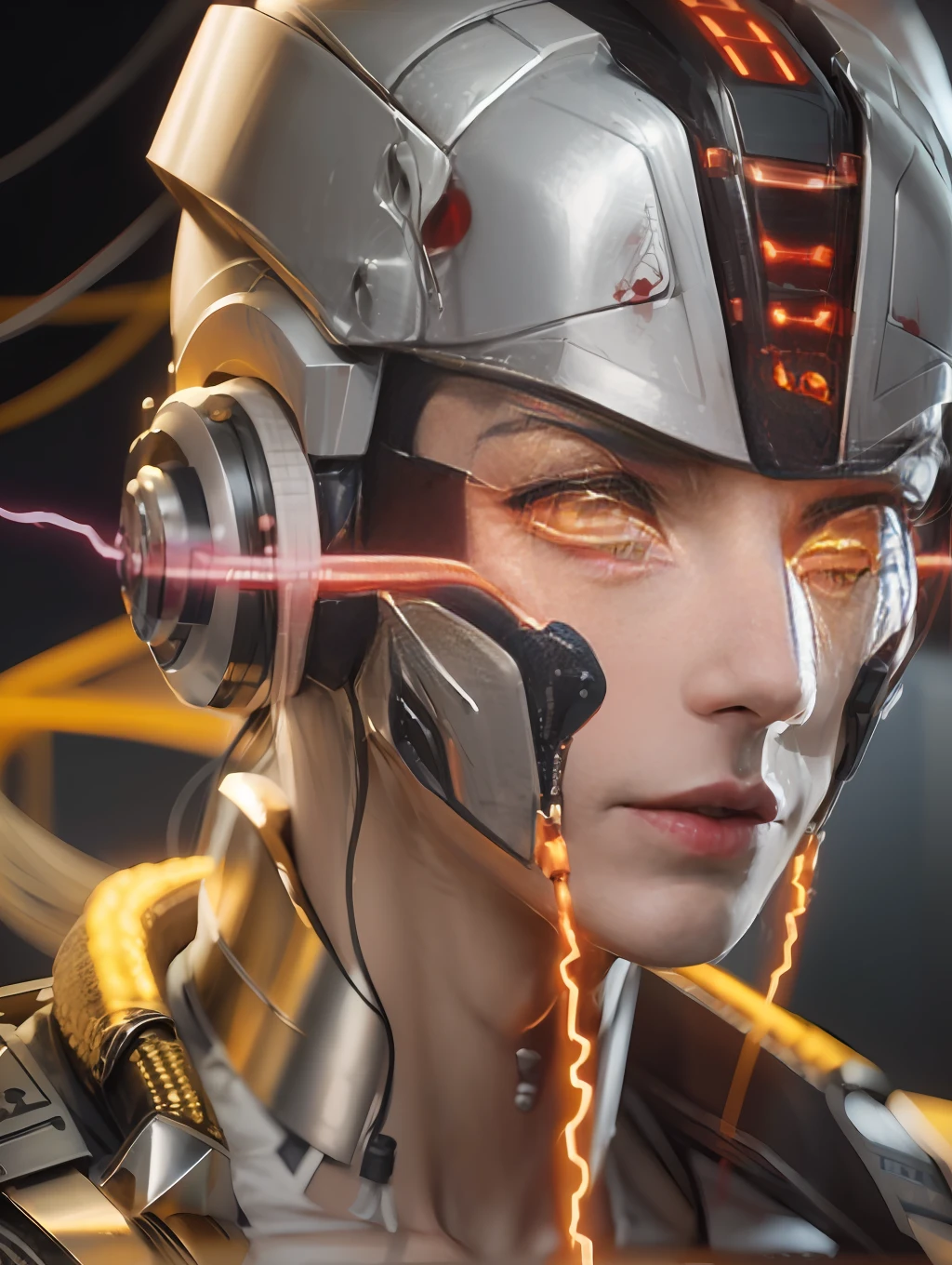 1 mechanical dude, ((super realistic details)), portrait, global illumination, shadows, octane rendering, 8k, super sharp, metallic, complex, ornament detailed, cool colors, Egyptian details, highly complex details, realistic light, CGsociety trends, glowing eyes, facing camera, neon details, mechanical limbs, blood vessels attached to tubes, mechanical vertebrae attached to the back, mechanical cervical vertebrae attached to the neck, sitting, wires and cables attached to the head, complex lightsaber --auto --s2