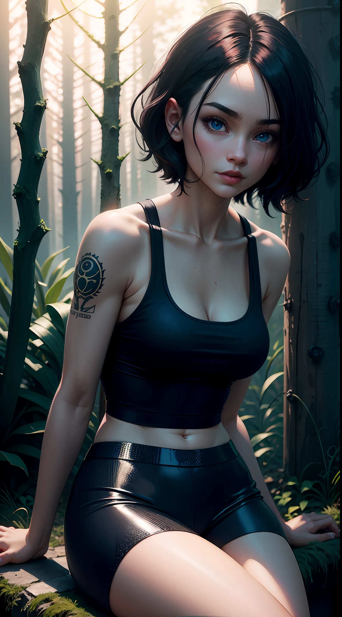 Videl Dragonball, cheerful face, original dark black and red hair, long eyelashes, beautiful blue eyes with brightness, surrealism, shadow, stereogram, (photorealistic, realistic: 1.2), POV, atmospheric perspective, cinematic lighting, ray tracing, 8k, super detail, best quality, masterpiece, well detailed, (Canan EOS R6, 135mm, 1/1250s, f/2.8, ISO 400:0.9), wicca, mystical, neon signs, forest, damp, night in the galaxy, neckline, back, rope, tank top, tattoos.