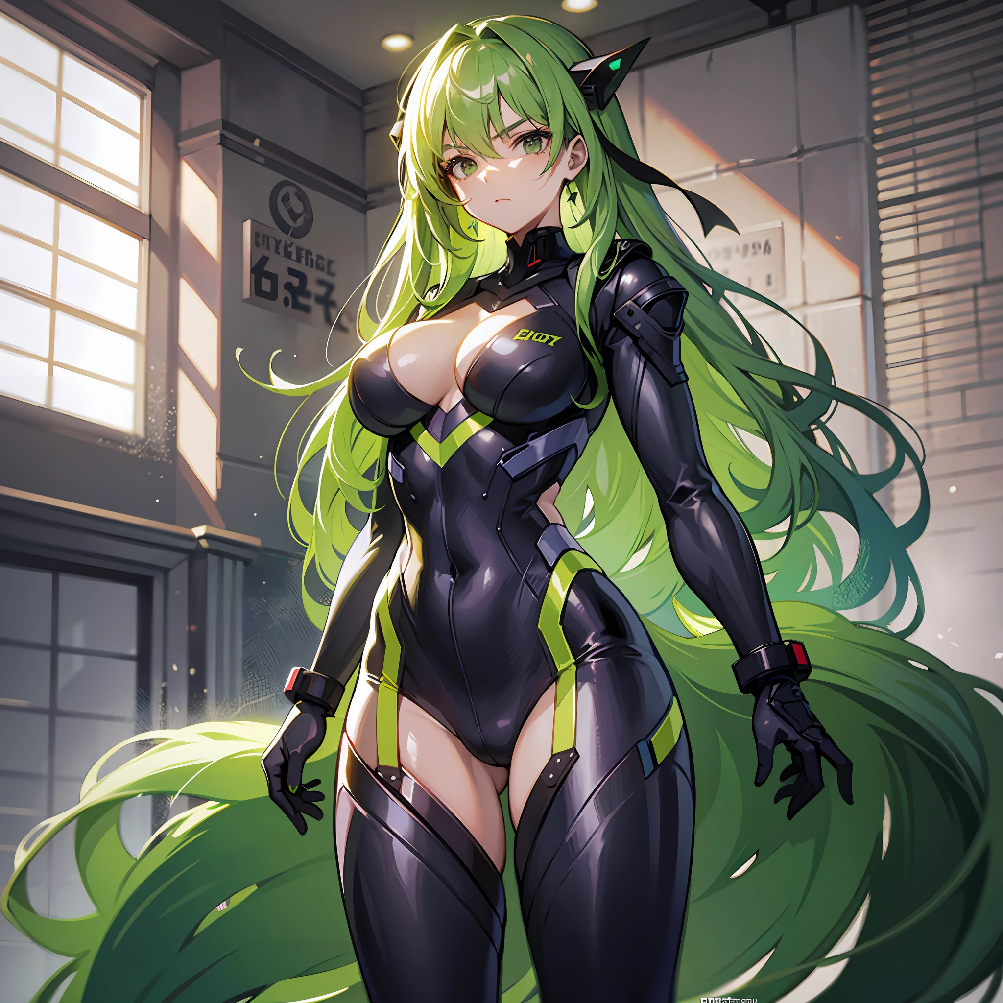 Woman, mysterious, green hair, black eyes, dark look, adult, military army suit, inside a school, serious look, athletic body, perfect body, long hair