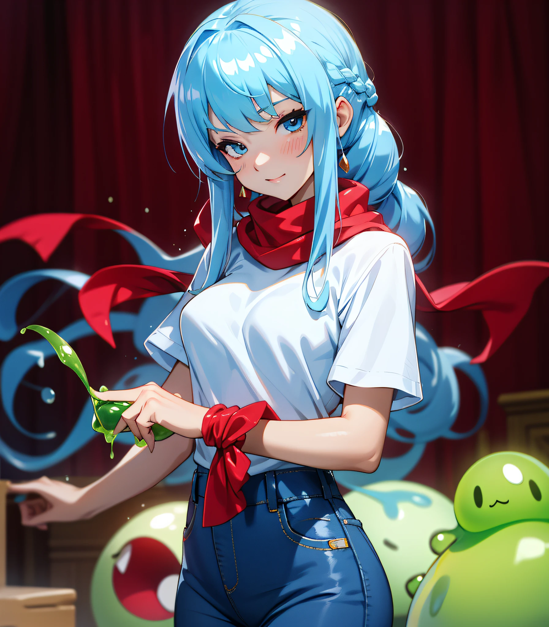 Slime girl, (slime), Slime hair French twist style, Queen blue, white t-shirt, blue jeans, red scarf, Masterpiece, Best Quality