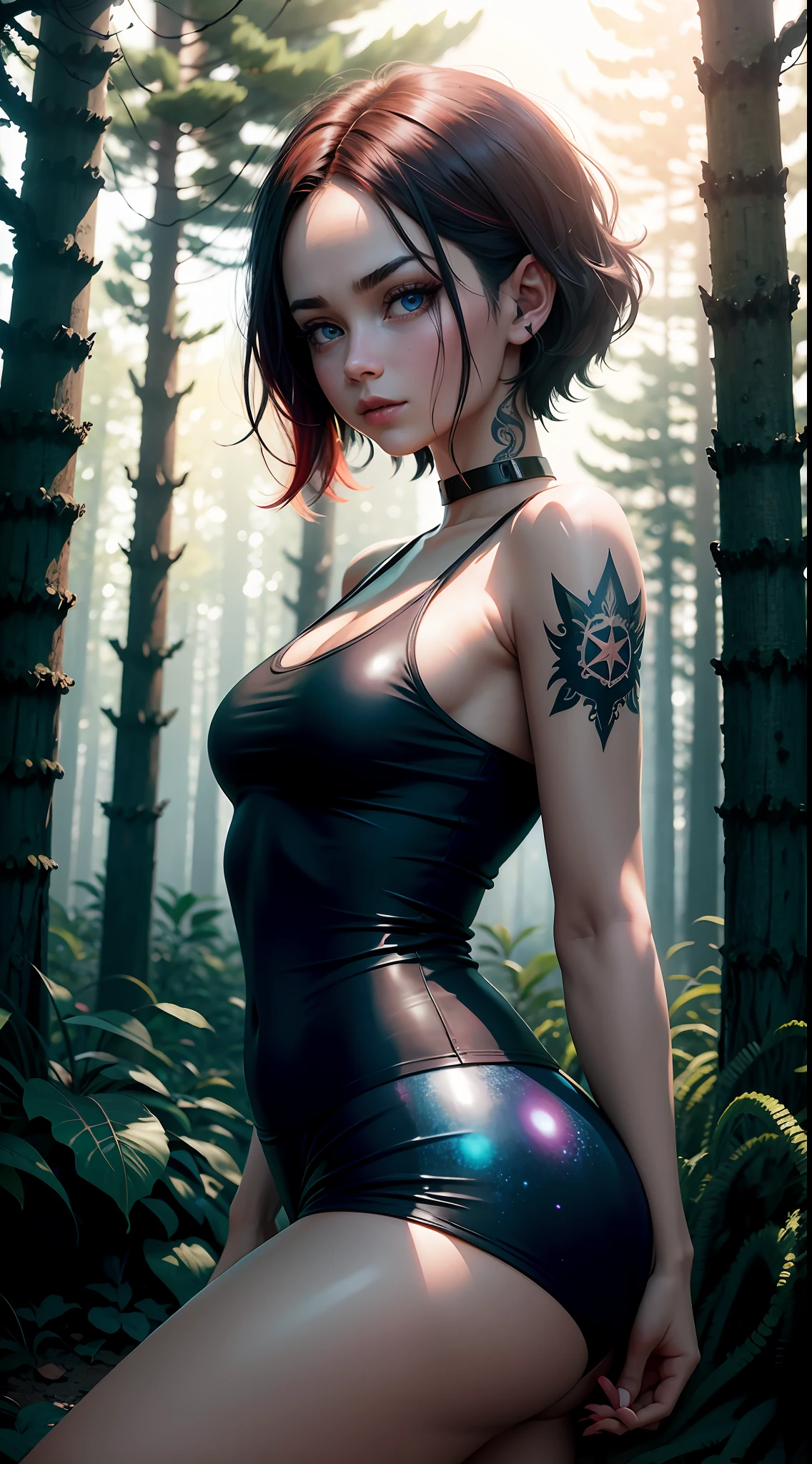 Videl Dragonball, cheerful face, original dark black and red hair, long eyelashes, beautiful blue eyes with brightness, surrealism, shadow, stereogram, (photorealistic, realistic: 1.2), POV, atmospheric perspective, cinematic lighting, ray tracing, 8k, super detail, best quality, masterpiece, well detailed, (Canan EOS R6, 135mm, 1/1250s, f/2.8, ISO 400:0.9), wicca, mystical, neon signs, forest, damp, night in the galaxy, neckline, back, rope, tank top, tattoos.