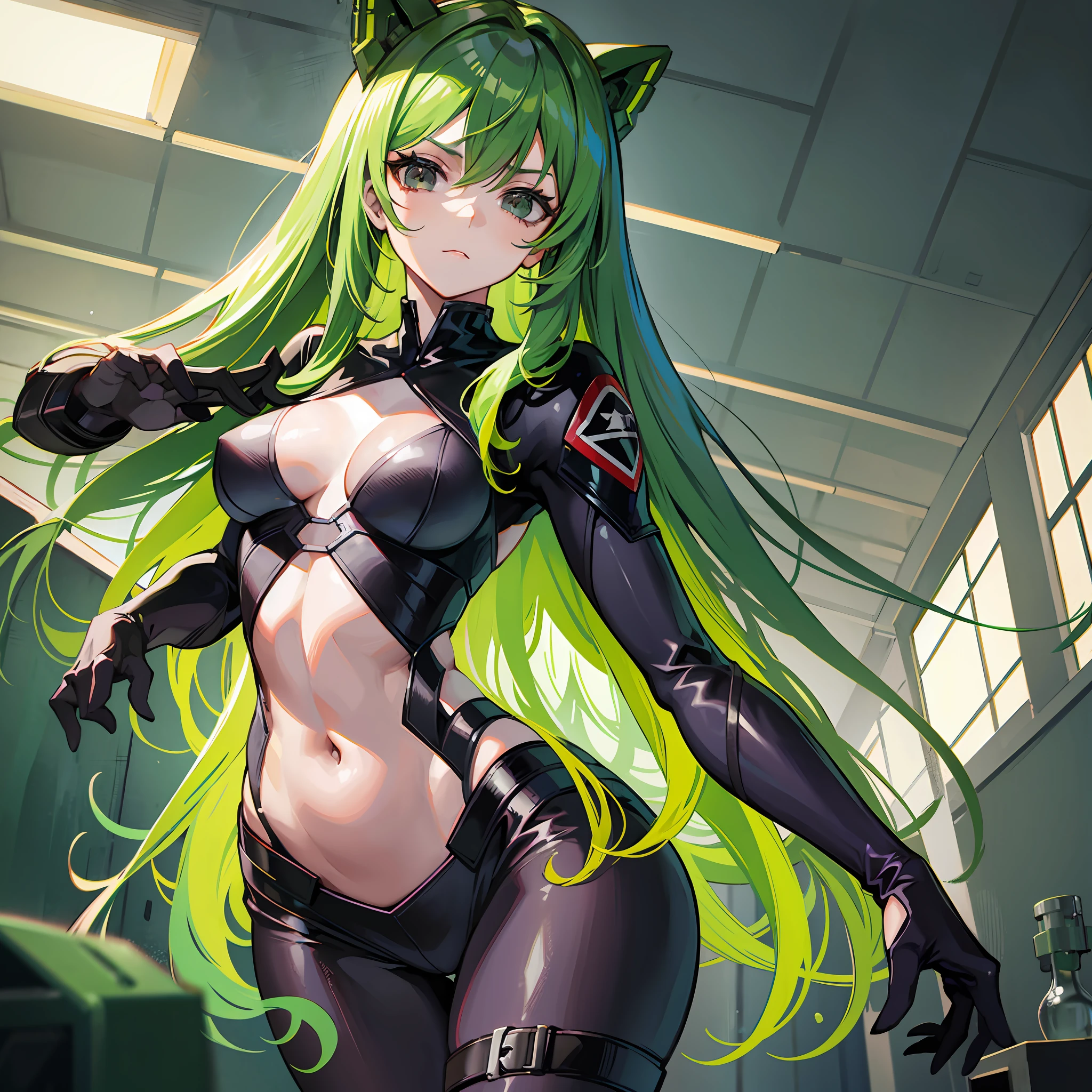 Woman, mysterious, green hair, black eyes, dark look, adult, military army suit, inside a school, serious look, athletic body, perfect body, long hair