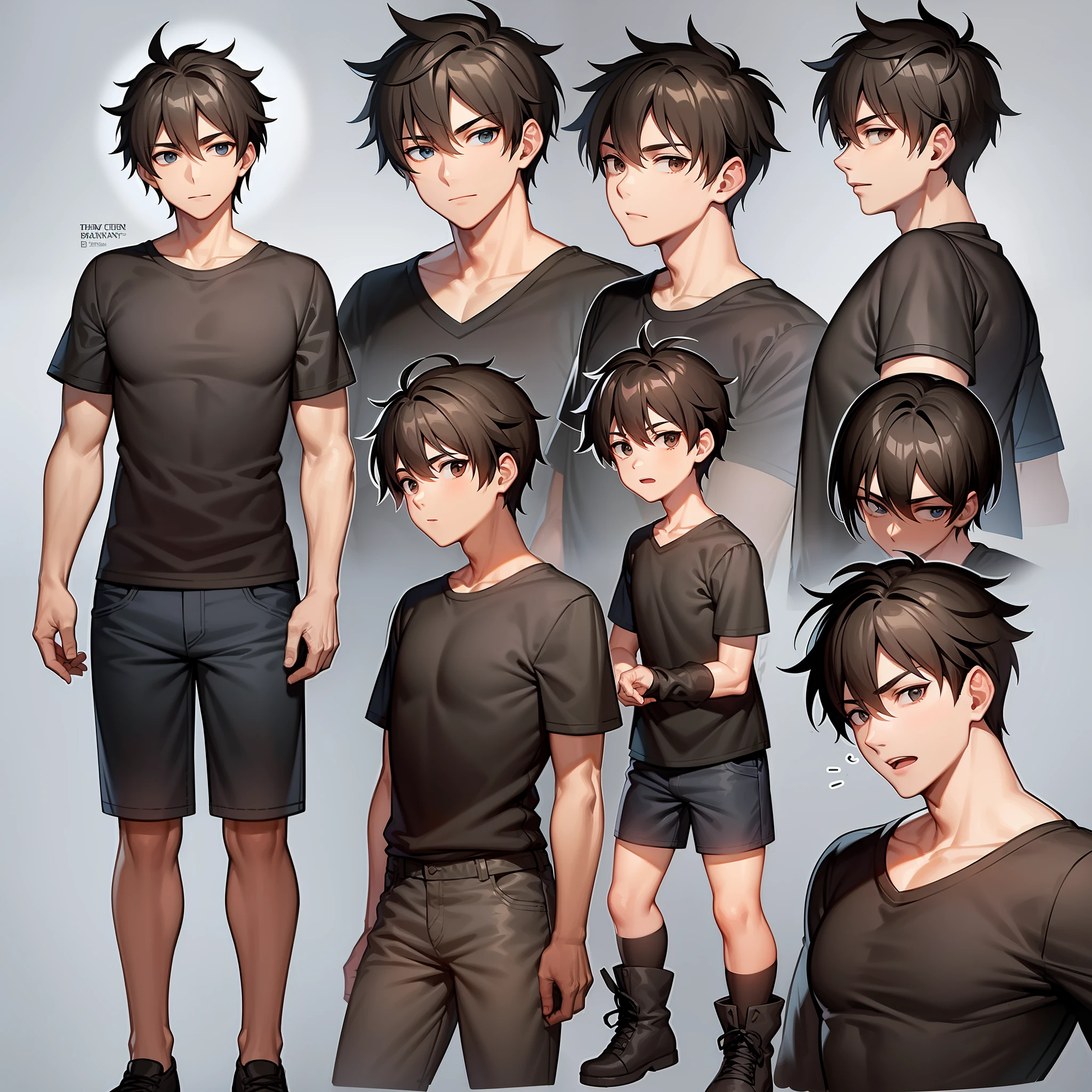 character design reference sheet, a boy with brown hair, black t-shirt, jean