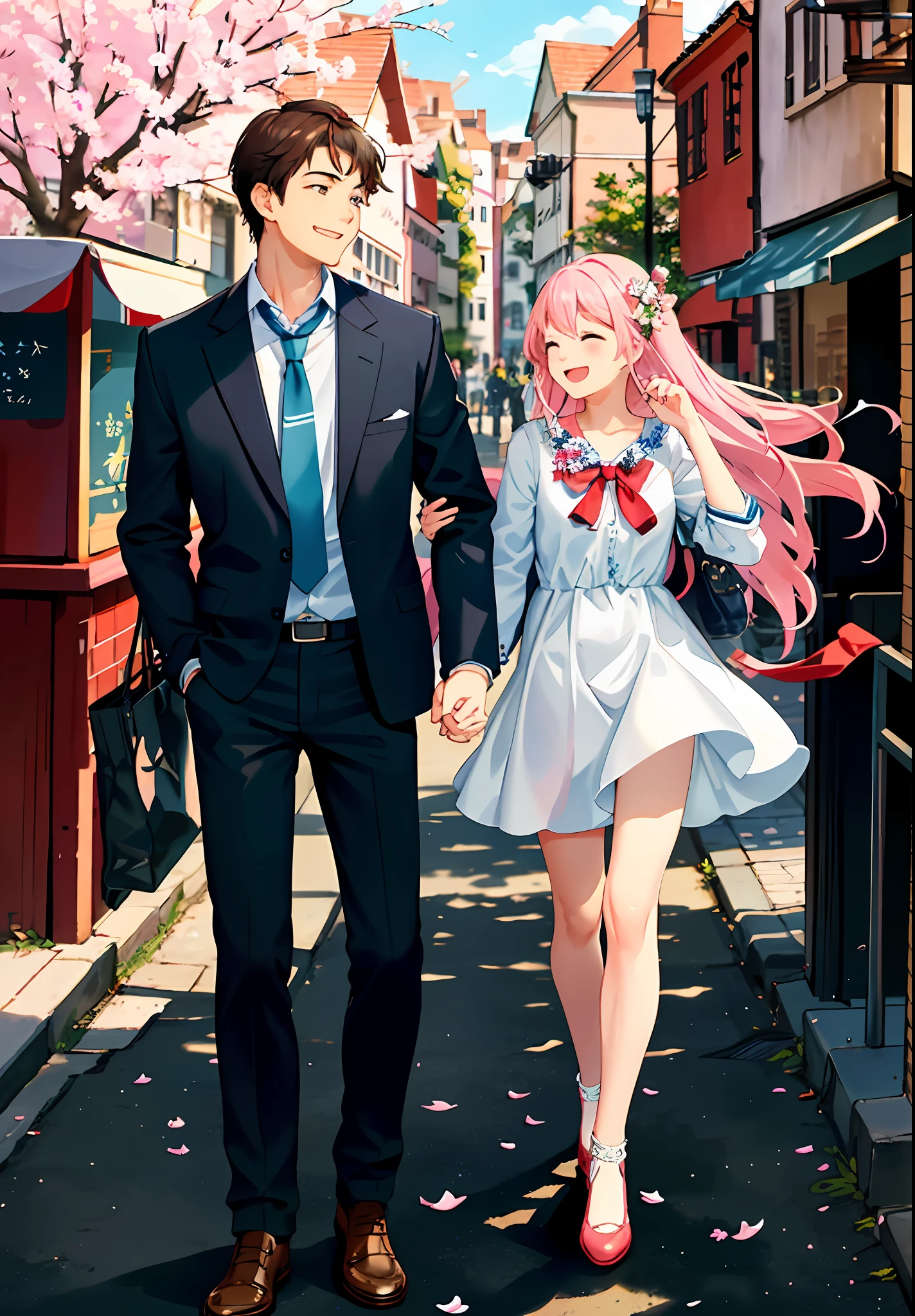 Scene: school campus, romantic atmosphere, sunshine, blue sky, trees, flowers, grass, fragrance, trails, buildings, tree-lined, laughter, joy, festive. Boy's description: handsome, handsome, bicycle, white shirt, light, breezy, sunny, confident, warm smile, focused gaze. Description of girls: pink dress, light, the fabric flutters with the wind, dreamy feeling, soft, sweet, white skin, happy smile, bright eyes, love, joy. Description of the background: campus buildings, white walls, red bricks and tiles, warmth, youth, tree-lined, vitality, freshness, laughter, joy, lively, festive. The interaction between couples: the boy steers the bicycle steadily, the girl rests her hands on the boy's waist, relaxation, happiness, intertwined figures, romantic scenes, moments of lingering, moments of happiness.