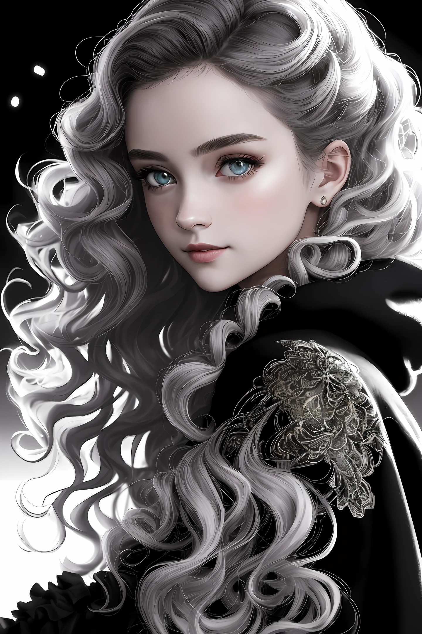 trending on ArtStation, trending on CGSociety, Intricate, High Detail, Sharp focus, dramatic, photorealistic painting art by midjourney and greg rutkowski, ((best quality)), ((masterpiece)), highres, original, extremely detailed wallpaper,an extremely delicate and beautiful,illustration,cinematic lighting, volume lighting, bloom effect, light particles,((1girl)),beautifuldetailedeyes,longsleeves,hoodie,frills,noshadow,simplebackground,(((black background))), European style, brightskin,(((1980s(style)))), movie theater, silhouette, greyscale, monochrome,((Big wavy curls)), slit pupils,(((looking back))),cinematic angle, (((close-up))),(((portrait))),lens flare,seductive smile, tarot, medium hair