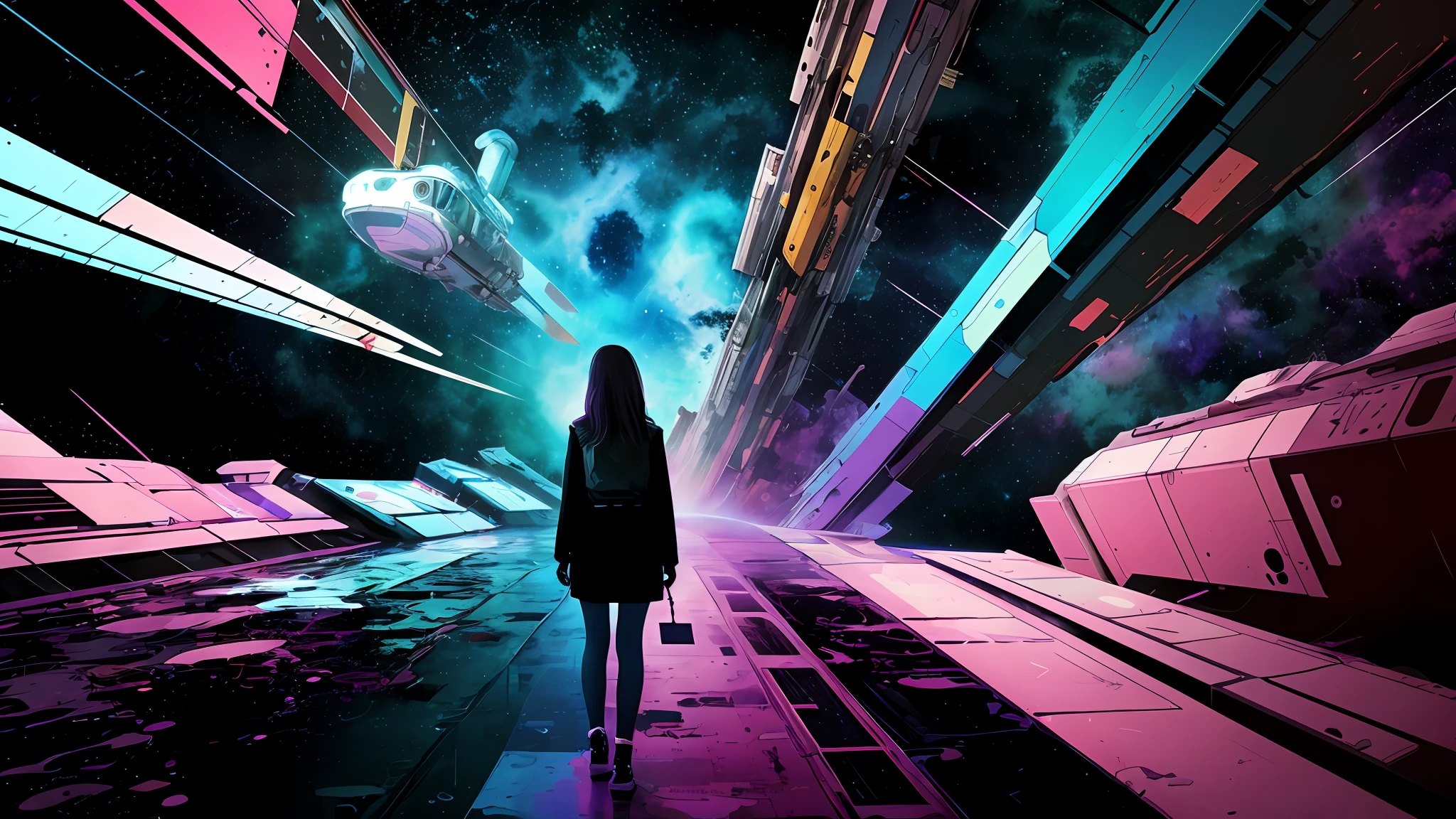 masterpiece, 1girl, space, spacecraft, looking back, ligne claire, flat color, high contrast, chromatic aberration,AND_PREPlorenzo lanfanconi art, waterfall, vibrant colors, colorful, abstract paint, paint on canvas, detailed, intricate, layered