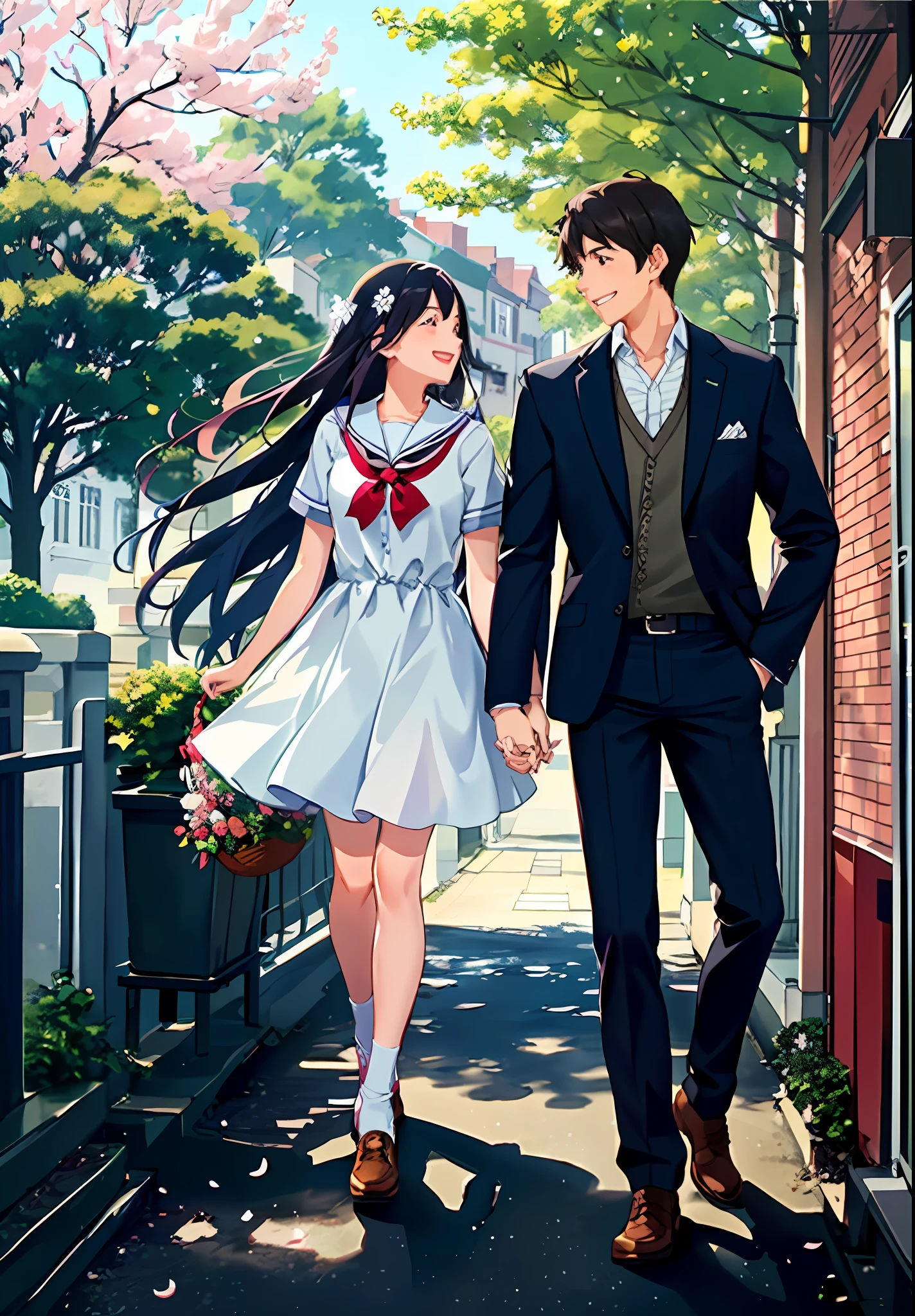 Scene: school campus, romantic atmosphere, sunshine, blue sky, trees, flowers, grass, fragrance, trails, buildings, tree-lined, laughter, joy, festive. Boy's description: handsome, handsome, bicycle, white shirt, light, breezy, sunny, confident, warm smile, focused gaze. Description of girls: pink dress, light, the fabric flutters with the wind, dreamy feeling, soft, sweet, white skin, happy smile, bright eyes, love, joy. Description of the background: campus buildings, white walls, red bricks and tiles, warmth, youth, tree-lined, vitality, freshness, laughter, joy, lively, festive. The interaction between couples: the boy steers the bicycle steadily, the girl rests her hands on the boy's waist, relaxation, happiness, intertwined figures, romantic scenes, moments of lingering, moments of happiness.