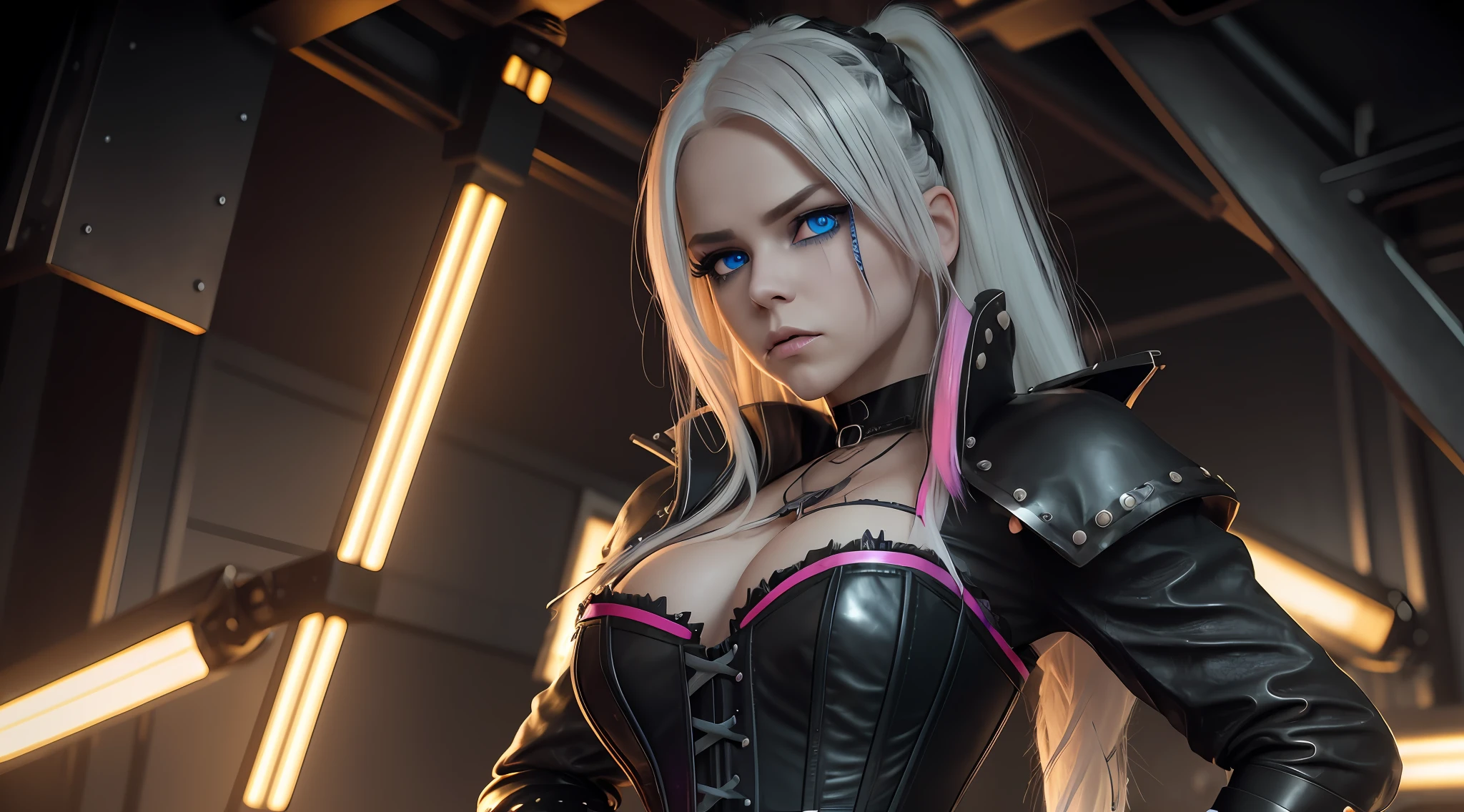 white swedish female portrait, long neon blonde platinum hair, cute, intimidating, small body, black leather corset, messy hair, rainbown highlights, hair over one eye, azure eyes, sharp eyes, choker, torn legwear, ((big cheeks)), realistic cinematic 8k top body, black background, grumpy lighting, --auto --s2