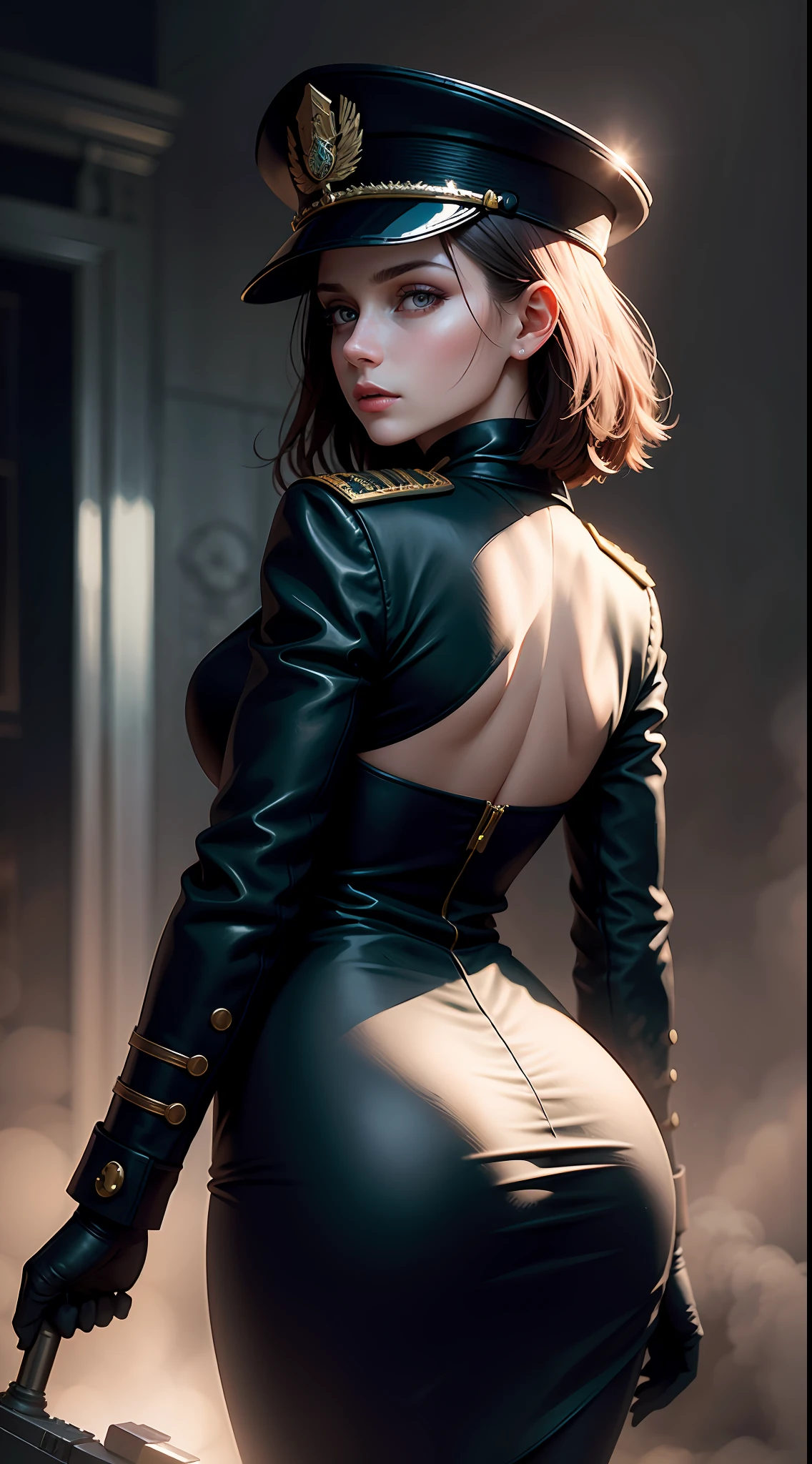 beautiful russian woman, 25 years old, military, hat, uniform, face and determination, raw short straight brunette hair, long eyelashes, beautiful eyes with bright, surrealism, shadow, stereogram, (realistic, realistic: 1.2), pov, atmospheric perspective, cinematic lighting, ray tracing, 8k, super detail, best quality, masterpiece, good detail, (canan EOS R6, 135mm, 1/1250s, f/2.8, ISO 400:0.9), weapon, neckline, back, Round ass, Russia.