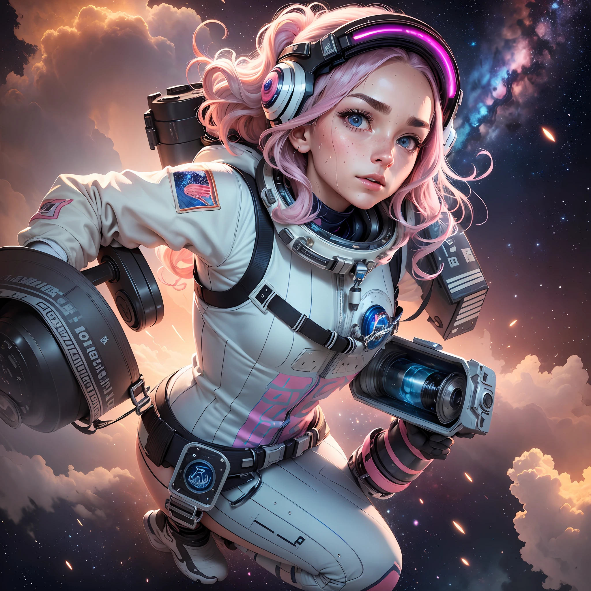 (ultra detailing drawing) 8K (astronaut with helmet woman, young, brave, fearless and determined), (look of boldness), (short wavy hair with many silver, blue and pink locks falling gently over her forehead) (ultra detailed perfect face with freckles ultra detailed skin with sweat drops, ultra detailed silver eyebrows, perfect nose), (fitness body, strong female arms) (full body photo) (stunning stellar scenery,  with colorful nebulae and ultra detailed twinkling stars) (full body) (astronaut gloves) (astronaut boots) (extremely detailed CG 8k wallpaper) --auto --s2