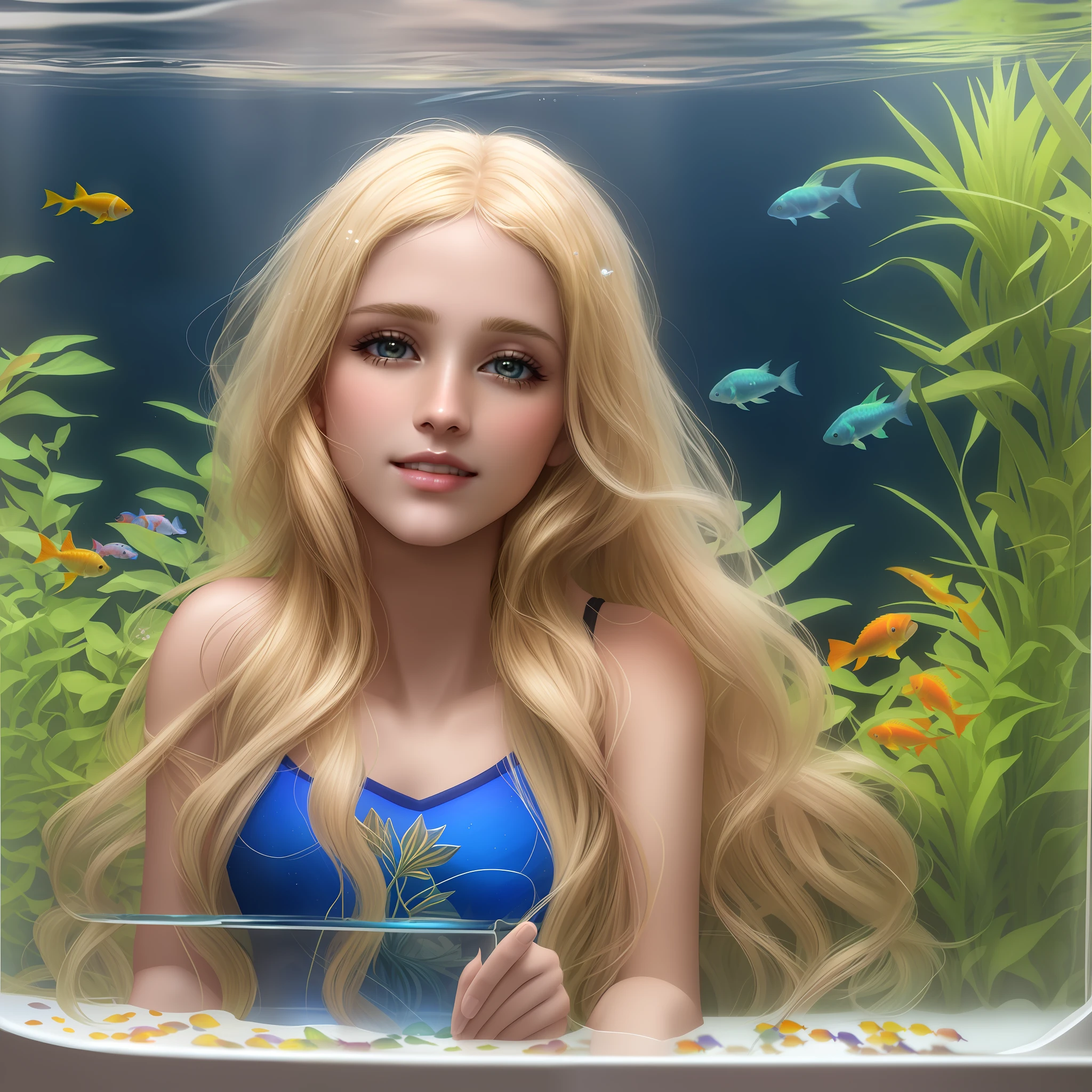 https://i.ibb.co/R3PnJc7/karollld.jpg, Blonde woman in ornamental fish tank, inside a fish tank, Kristen Bell as a mermaid, aquarium, fish tank, beautiful woman, Emma Watson as a mermaid, realistic digital art, aquarium life, beautiful blonde girl, amazing depth, digital art. realistic photo, realistic digital illustration, long flowing hair underwater, beautiful digital art, high quality portrait