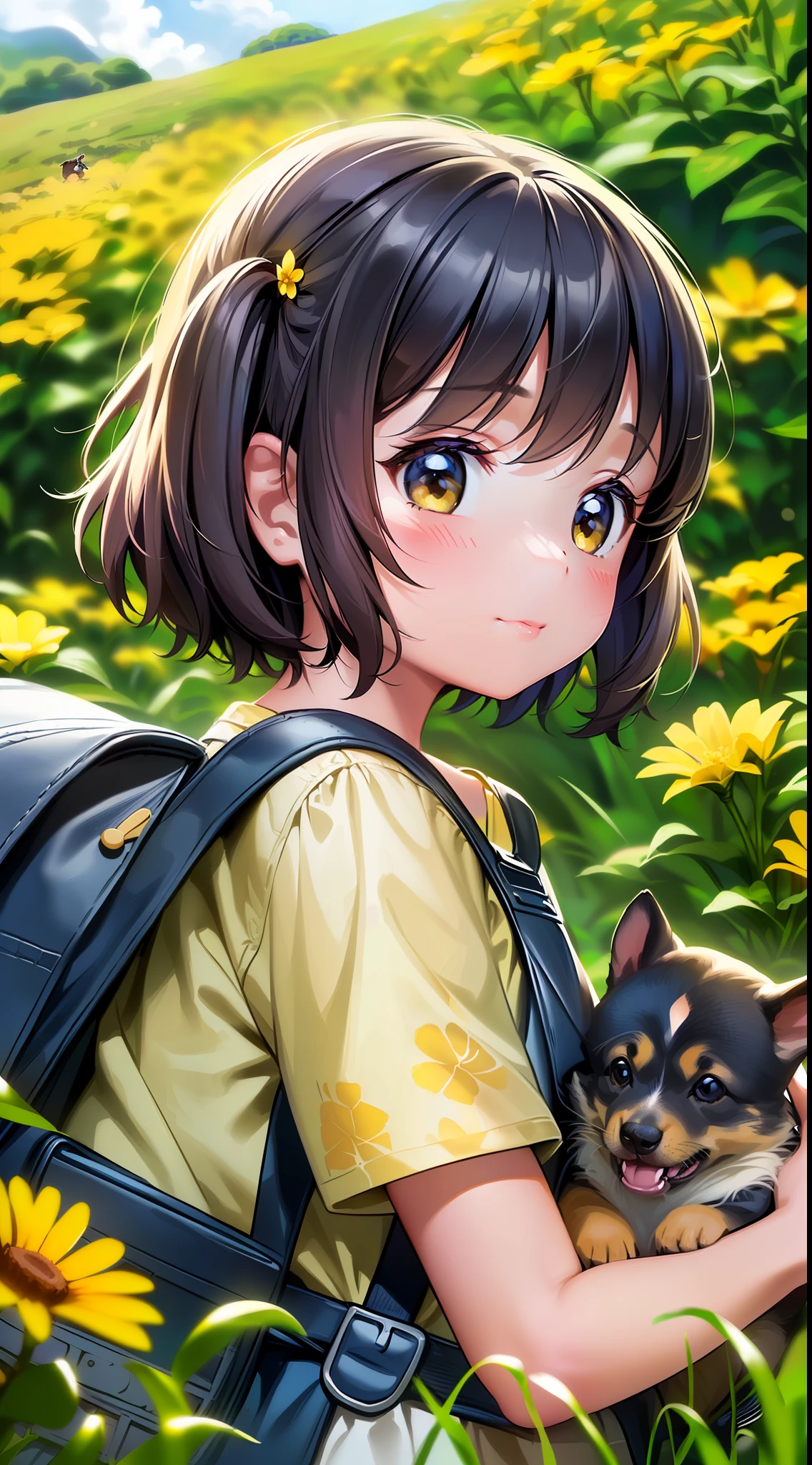 Tip: A very charming with a backpack and her cute puppy enjoying a lovely spring outing surrounded by beautiful yellow flowers and nature. The illustration is a high-definition illustration in 4k resolution, featuring highly detailed facial features and cartoon-style visuals. --auto --s2