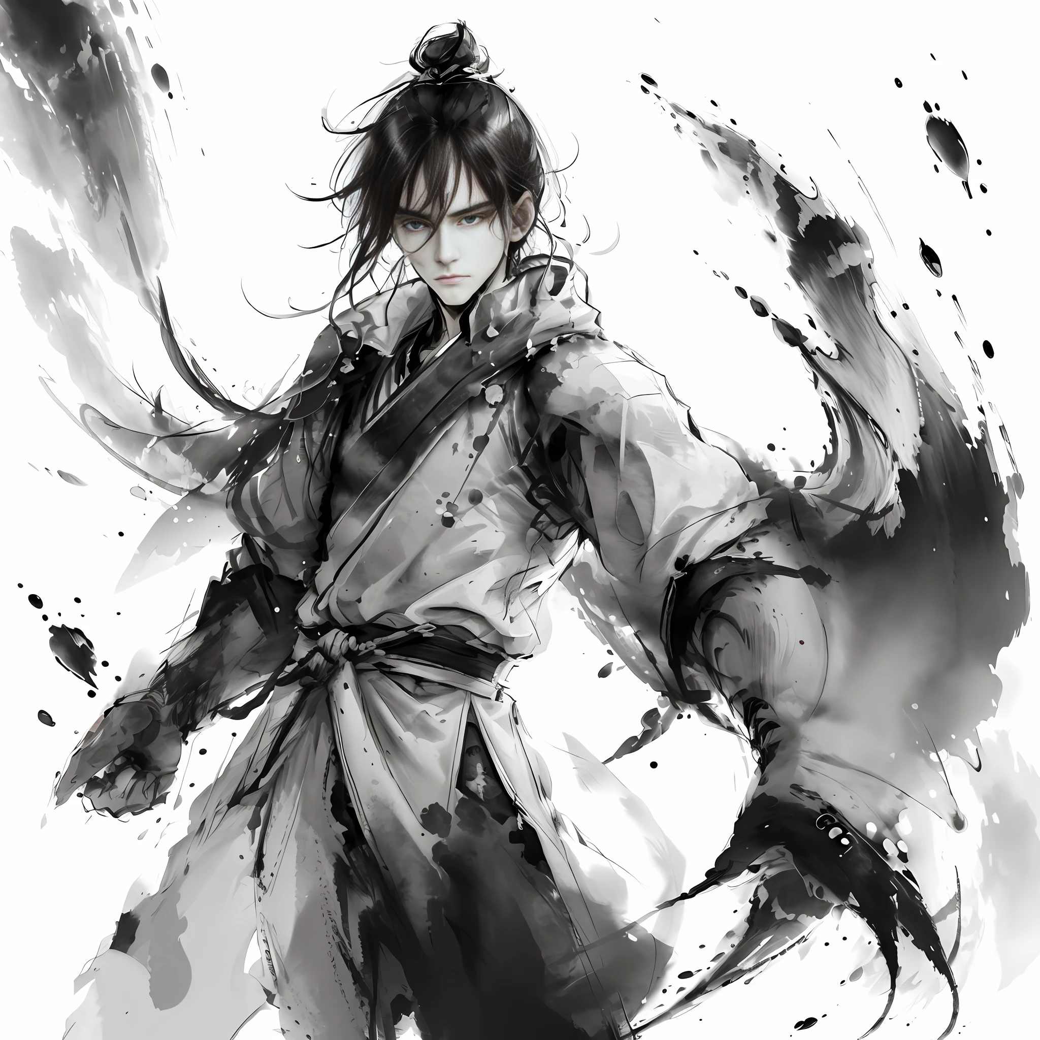 masterpiece, best quality,1boy,standing, black hair bun,cold face, upper body, (front),ink splash,martial arts, .