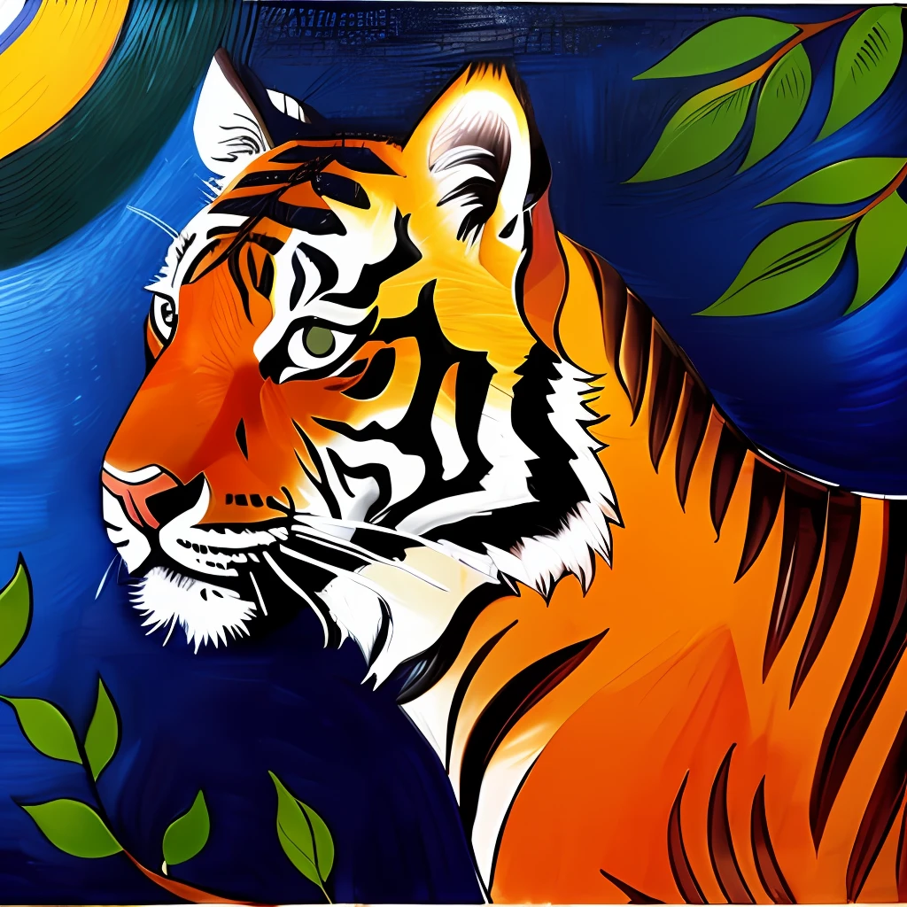 beautiful image of tiger hiding in bushes in the style of sunset scene, river, abstract art, oil paiting