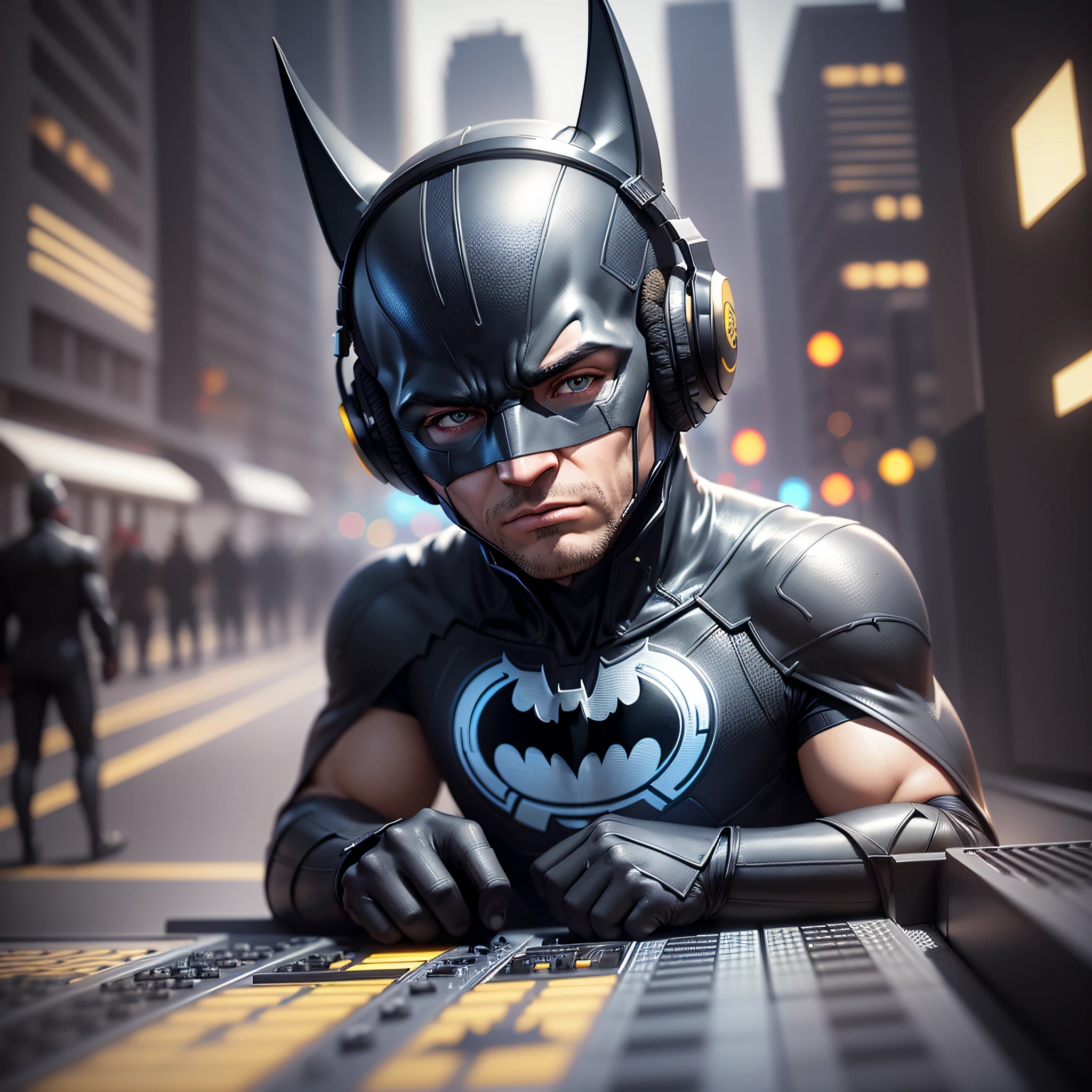 Batman dj ((proud expression)), headphones, masterpiece, best quality, ultra-detailed, floor, city background, shadows, contrast, clear sky, style (look at the viewer: 1.2) (skin texture) (film grain: 1.3), ultra-high resolution, octane rendering, 16k --auto --s2