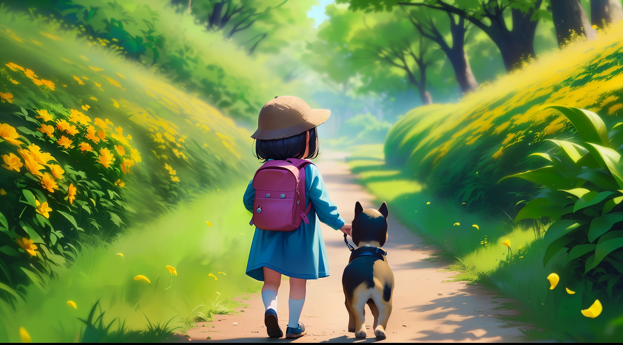 Tip: A very charming little girl with a backpack and her cute puppy enjoying a lovely spring outing surrounded by beautiful yellow flowers and nature. The illustration is a high-definition illustration in 4k resolution, featuring highly detailed facial features and cartoon-style visuals. --auto --s2
