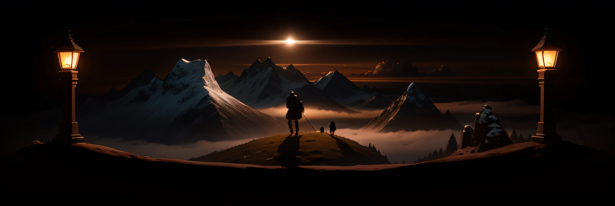 "YOUNG PILGRIM, overlooking the mountain, without a hat, with a backpack on his back and a lamp in his hand" --auto --s2