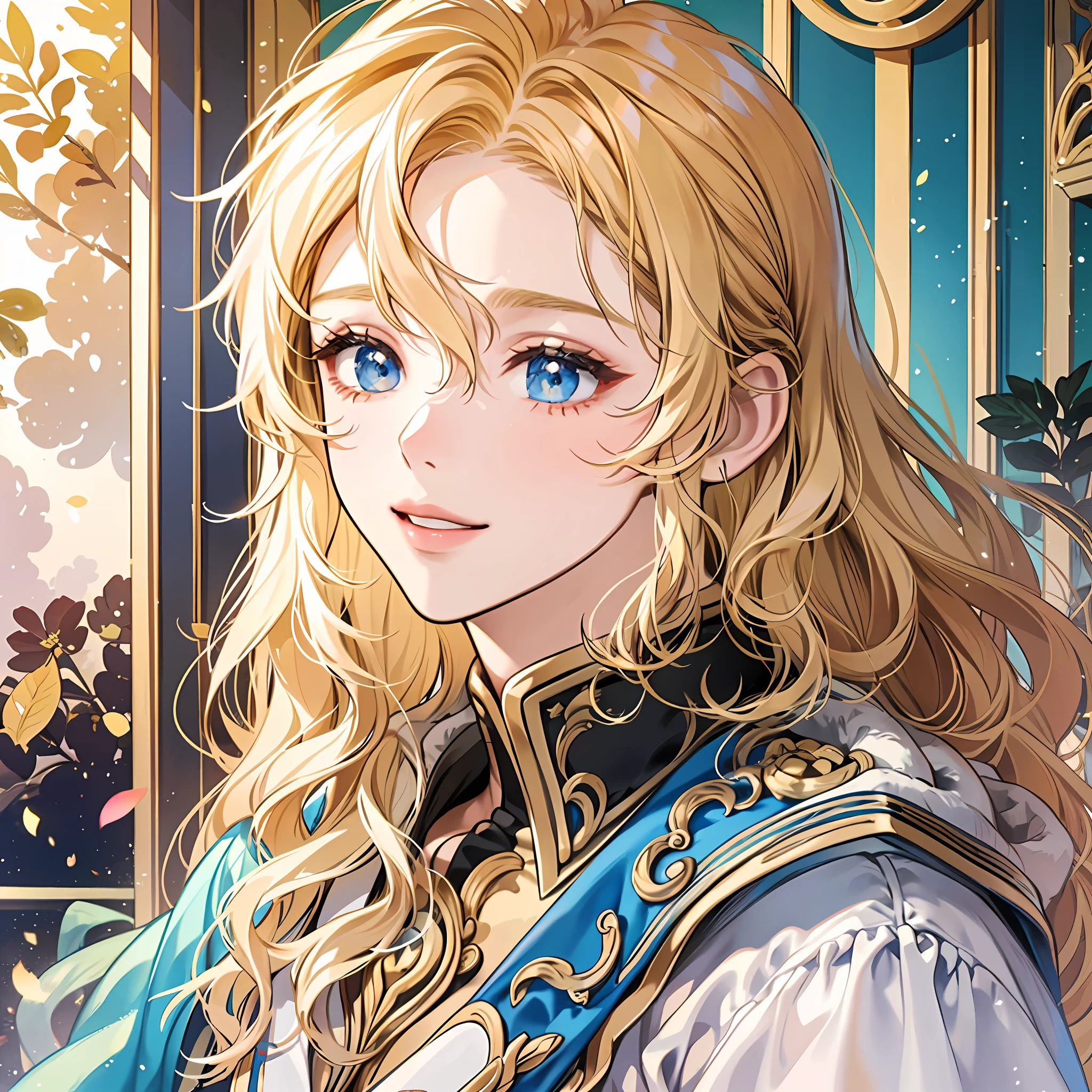 A woman of medium height, with golden and wavy blonde hair that falls gently on her shoulders. His eyes are an intense blue tone, bright and expressive. He has delicate features and a warm smile that reflects his kindness and sweetness.