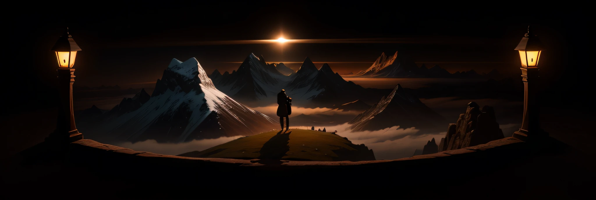 "YOUNG PILGRIM, overlooking the mountain, without a hat, with a backpack on his back and a lamp in his hand" --auto --s2