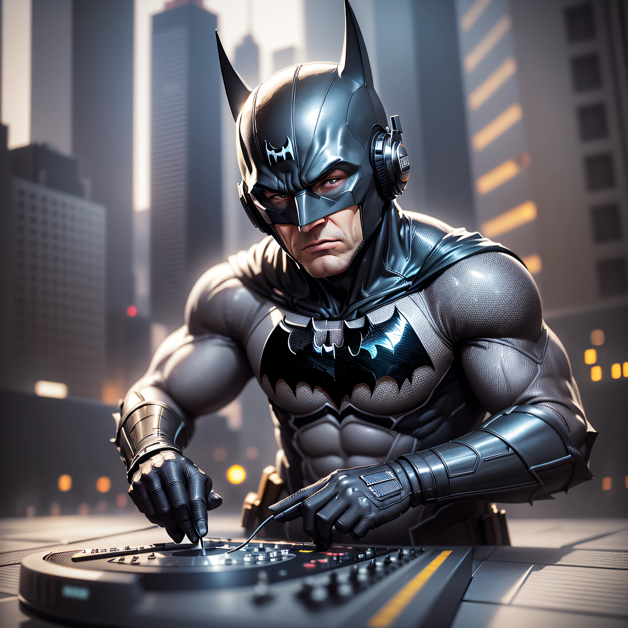 Batman dj ((proud expression)), headphones, masterpiece, best quality, ultra-detailed, floor, city background, shadows, contrast, clear sky, style (look at the viewer: 1.2) (skin texture) (film grain: 1.3), ultra-high resolution, octane rendering, 16k --auto --s2