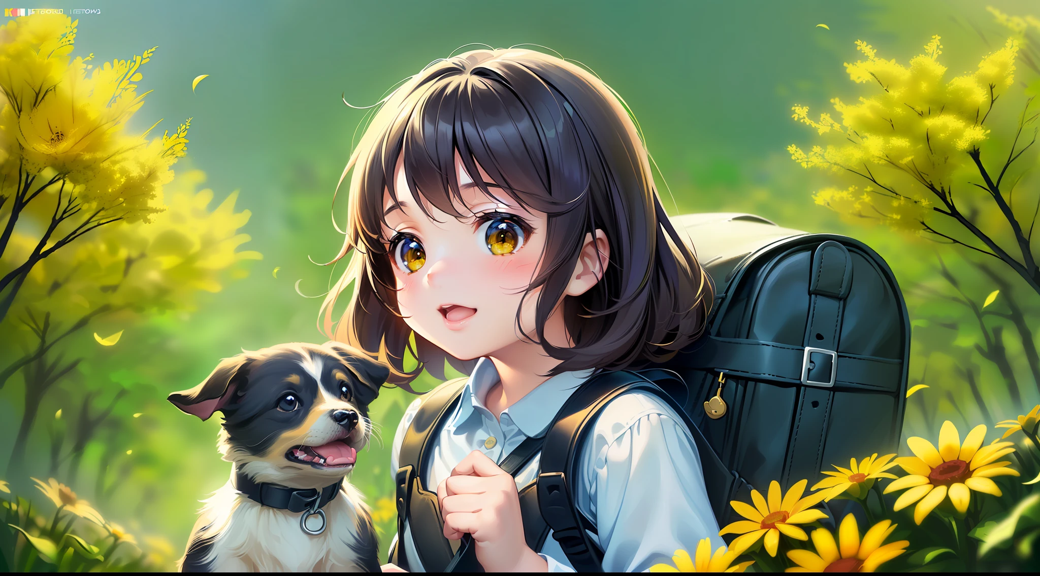 Tip: A very charming girl with a backpack and her cute puppy enjoying a lovely spring outing surrounded by beautiful yellow flowers and nature. The illustration is a high-definition illustration in 4k resolution, featuring highly detailed facial features and cartoon-style visuals. --auto --s2