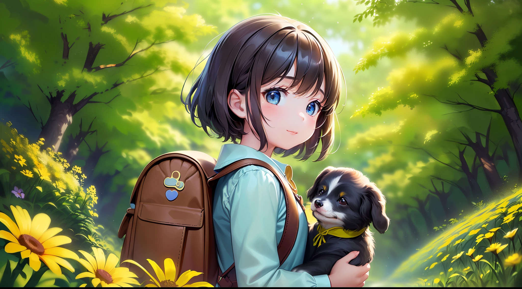 Tip: A very charming girl with a backpack and her cute puppy enjoying a lovely spring outing surrounded by beautiful yellow flowers and nature. The illustration is a high-definition illustration in 4k resolution, featuring highly detailed facial features and cartoon-style visuals. --auto --s2