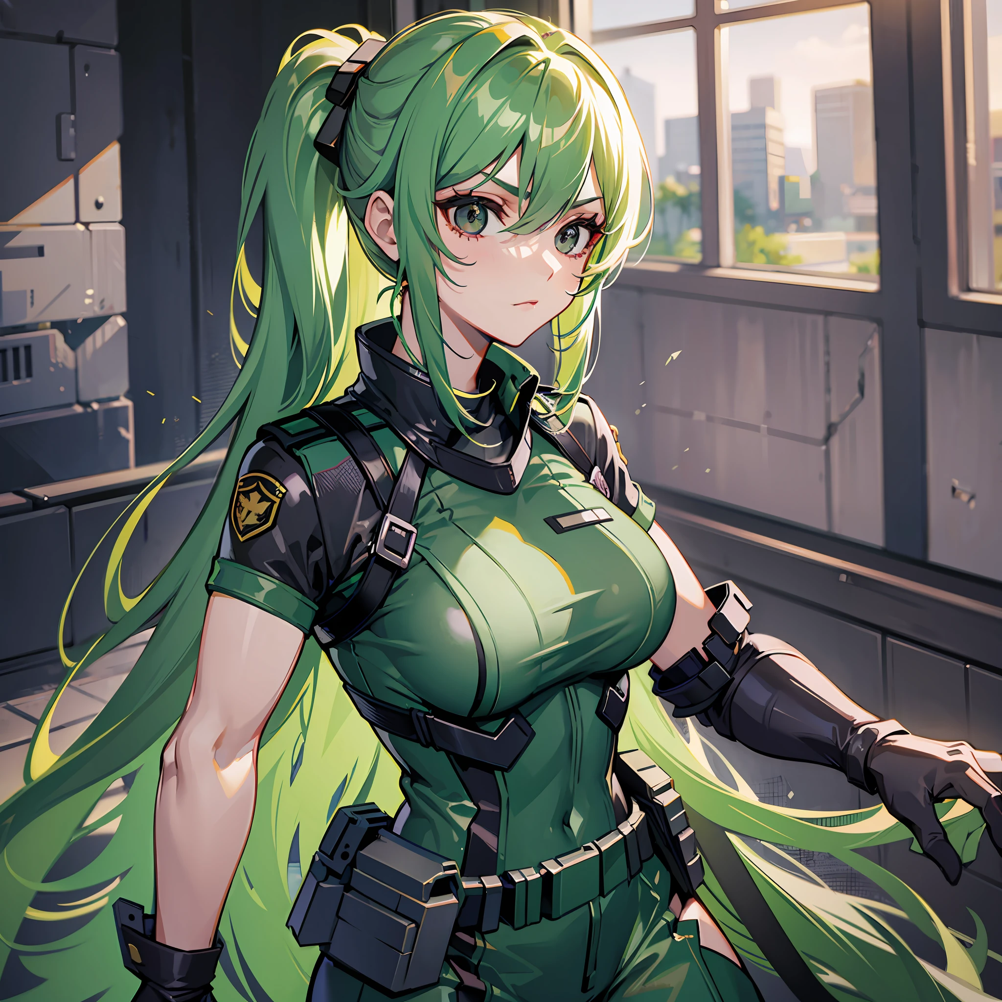 Woman, mysterious, green hair, black eyes, dark look, adult, military army suit, inside a school, serious look, athletic body, perfect body, long hair