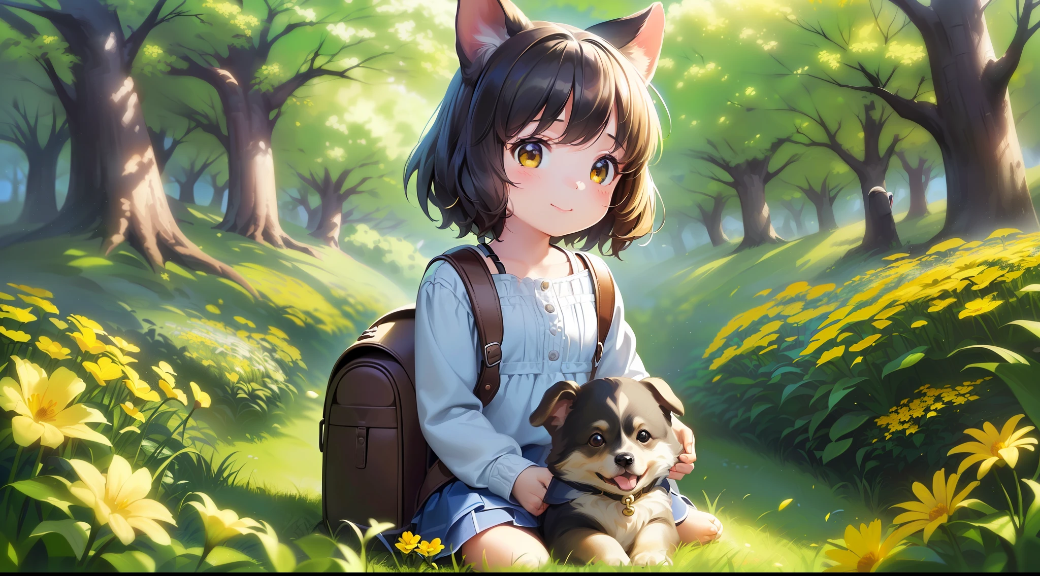 Tip: A very charming little girl with a backpack and her cute puppy enjoying a lovely spring outing surrounded by beautiful yellow flowers and nature. The illustration is a high-definition illustration in 4k resolution, featuring highly detailed facial features and cartoon-style visuals. --auto --s2