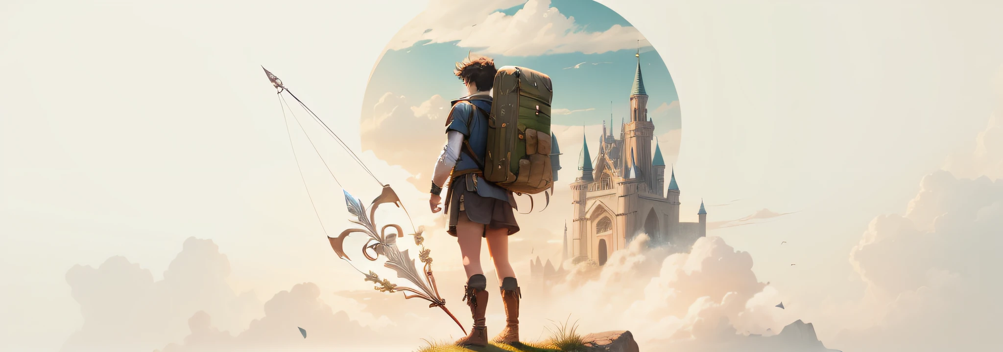 "A young adventurer without a chapel, with a backpack on his back that exudes courage and determination is holding a bow and arrow within the letter O. #Fotorealismo #MelhorQualidade #DetalhesUltrarrealistas #IluminaçãoRealista."